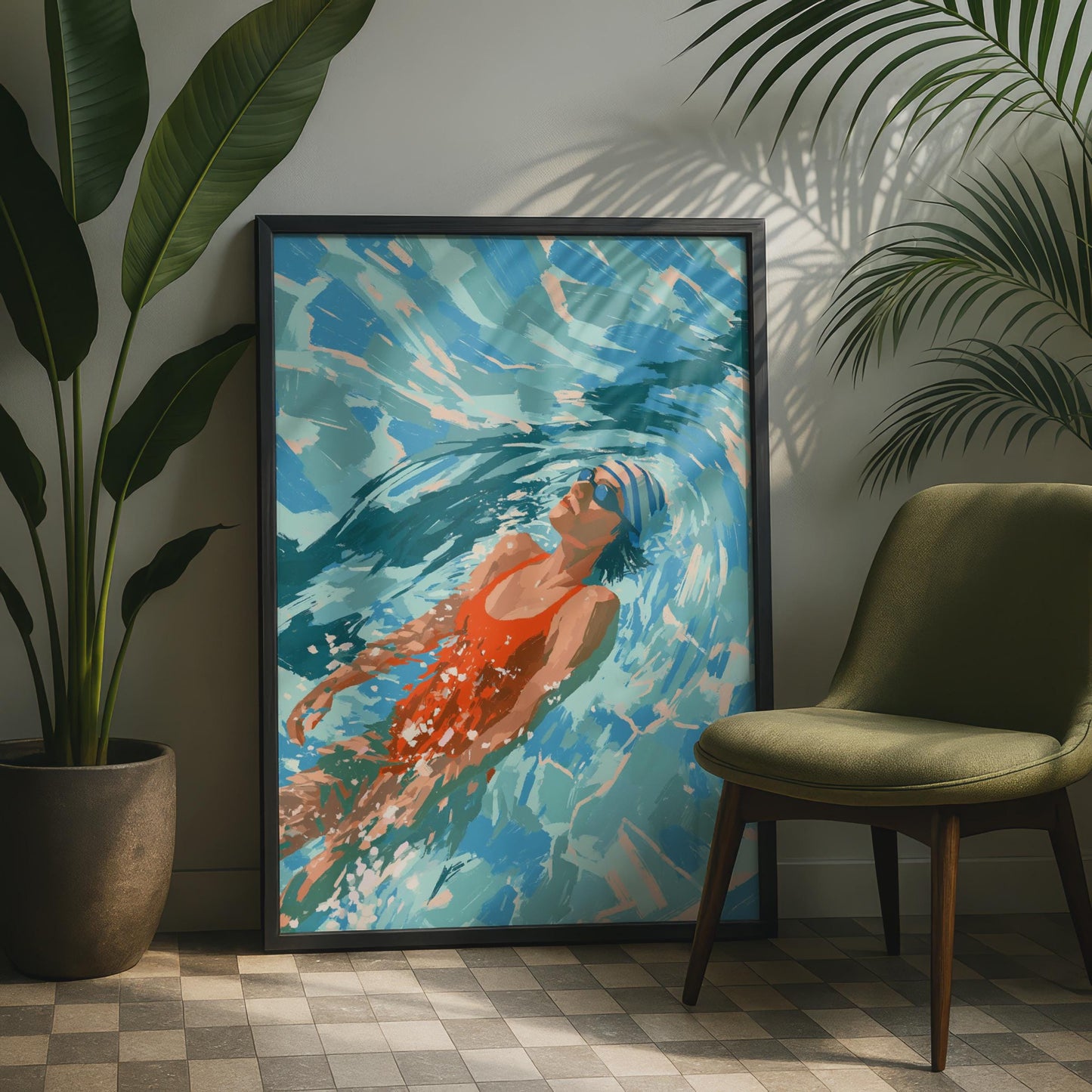 Female Swimmer Art Print, Red Swimsuit Pool Poster, Summer Swimming Wall Art, Teal Blue Decor