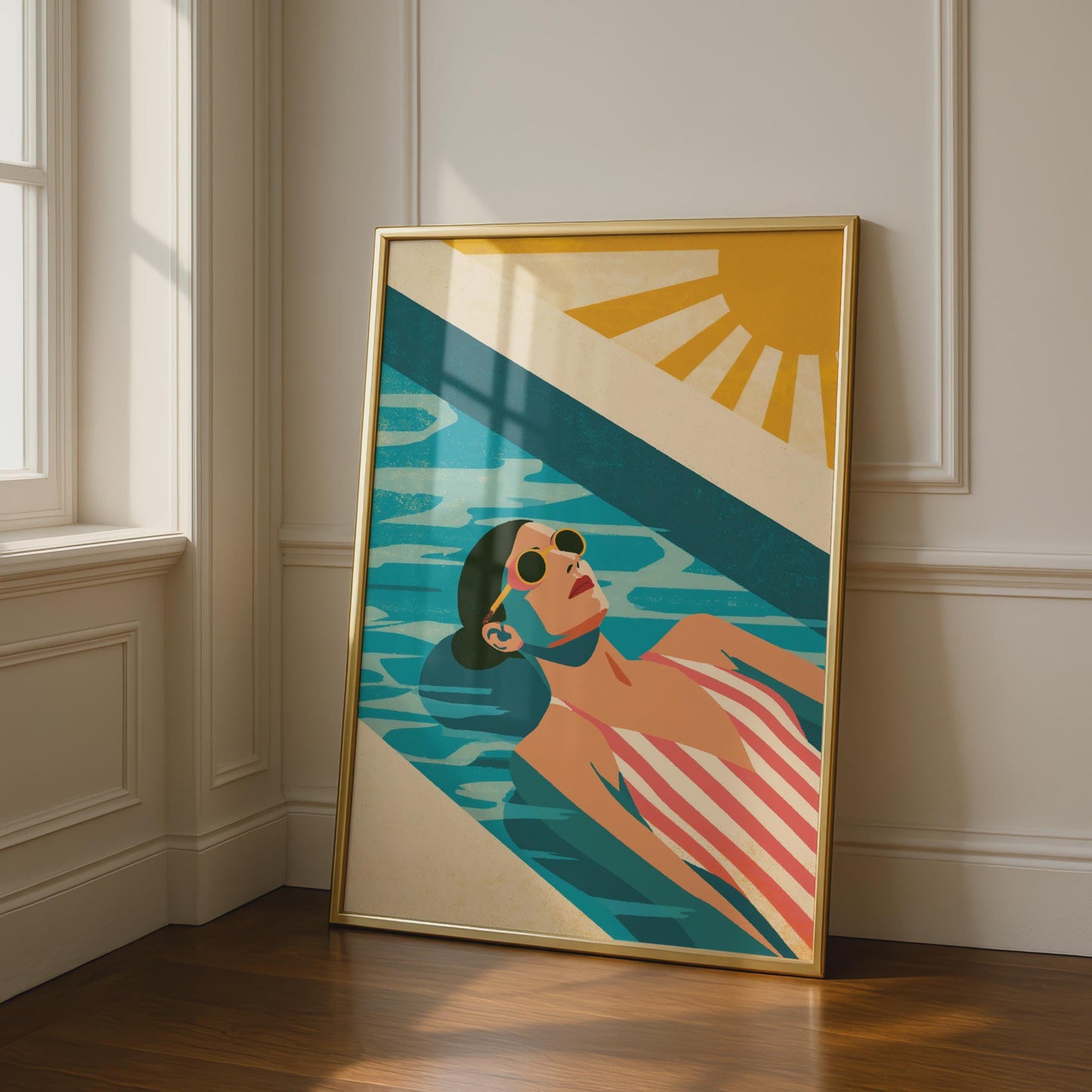 Summer Pool Art Print, Retro Woman Sunbathing Poster, Vintage Sun Wall Art, Teal