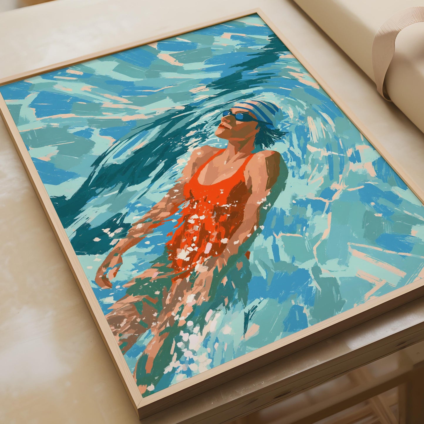 Female Swimmer Art Print, Red Swimsuit Pool Poster, Summer Swimming Wall Art, Teal Blue Decor