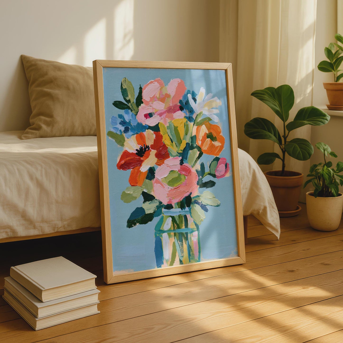 Colourful Floral Bouquet Wall Art Print, Painterly Flower Vase Poster, Blue Pink