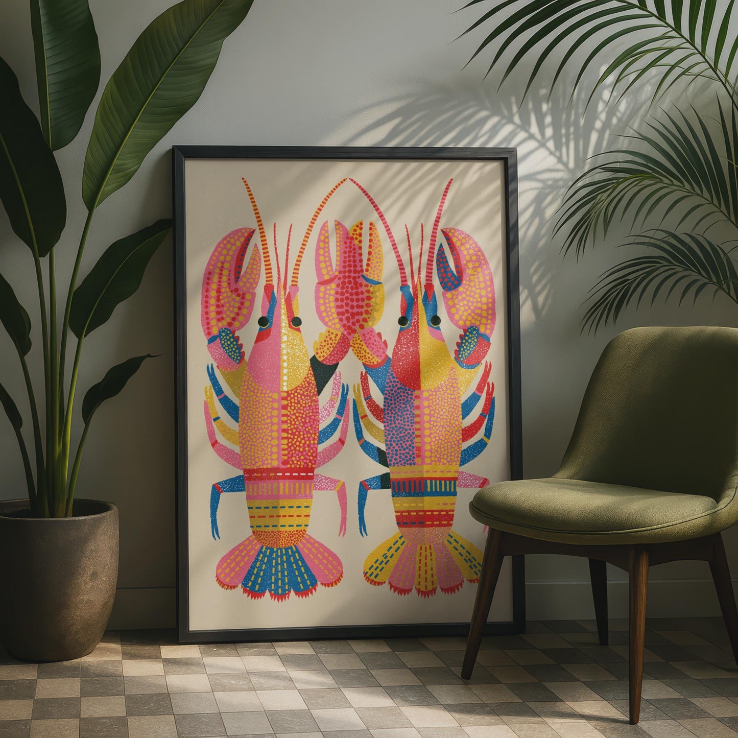 Colourful Lobster Print, Bold Folk Art Poster, Pink Red Blue Kitchen Wall Art