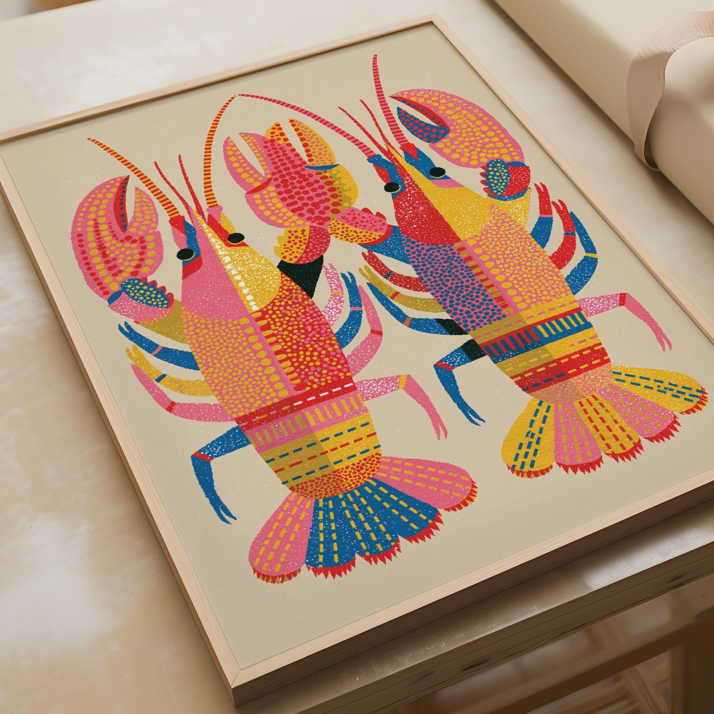 Colourful Lobster Print, Bold Folk Art Poster, Pink Red Blue Kitchen Wall Art