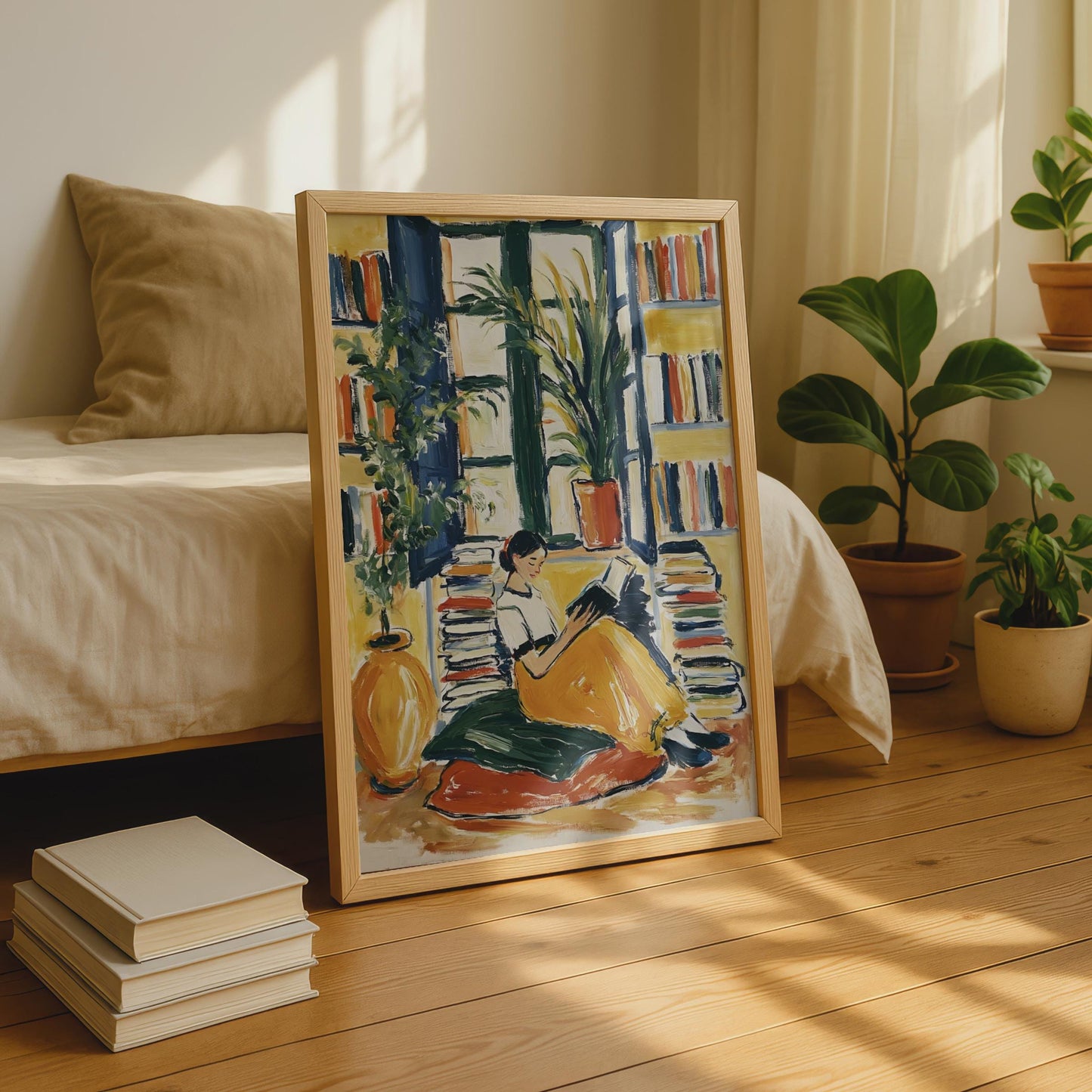 Woman Reading Book Poster, Library Art Print, Bookworm Wall Art, Colourful Painted Style