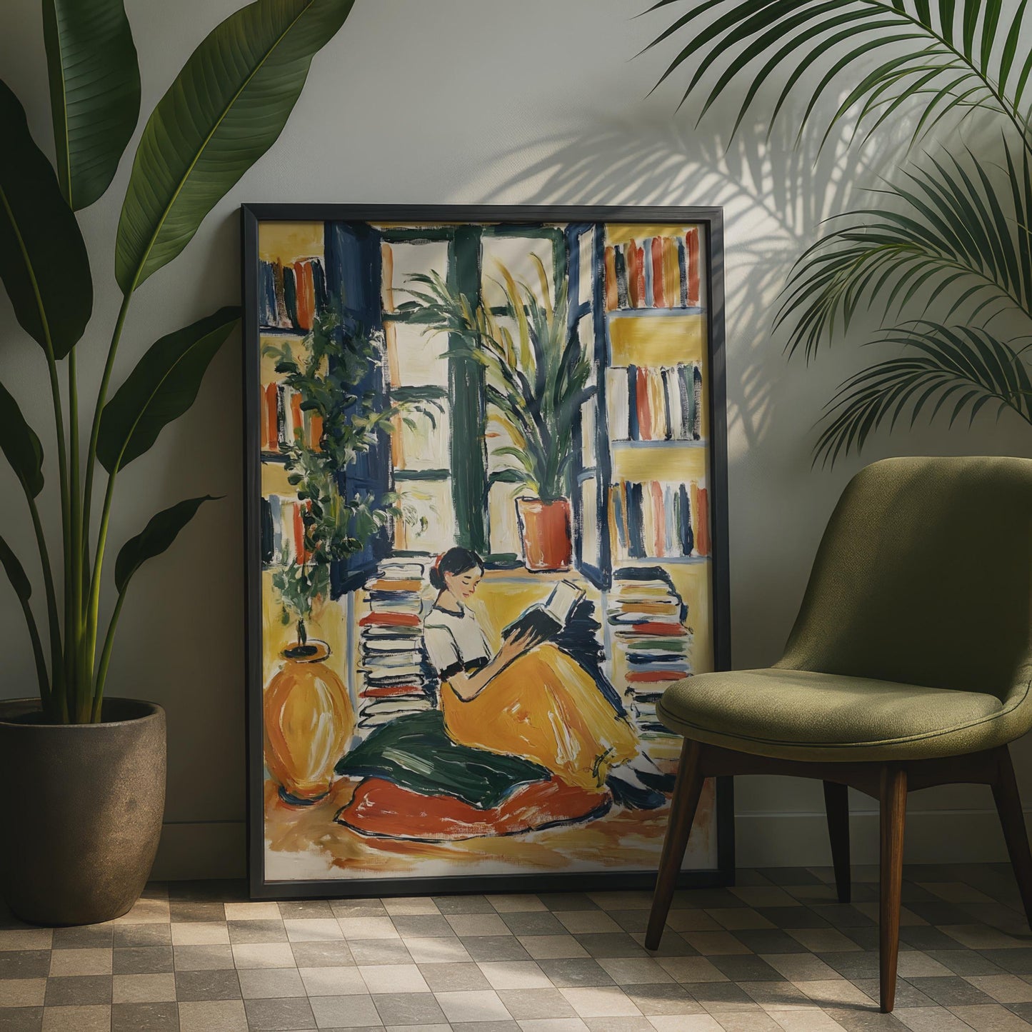 Woman Reading Book Poster, Library Art Print, Bookworm Wall Art, Colourful Painted Style