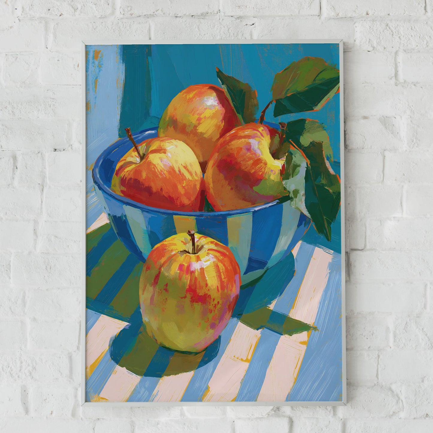 Bowl of Apples Still Life Print, Colourful Fruit Kitchen Wall Art, Blue Teal Poster