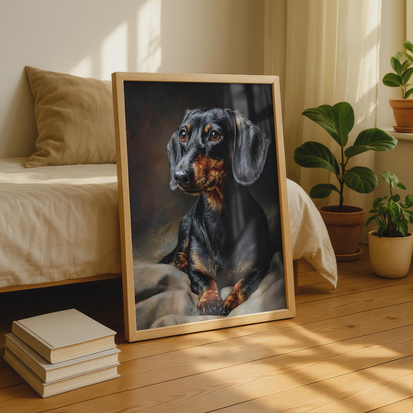 Dachshund Portrait Print, Black Tan Sausage Dog Wall Art, Classic Oil Painting Style