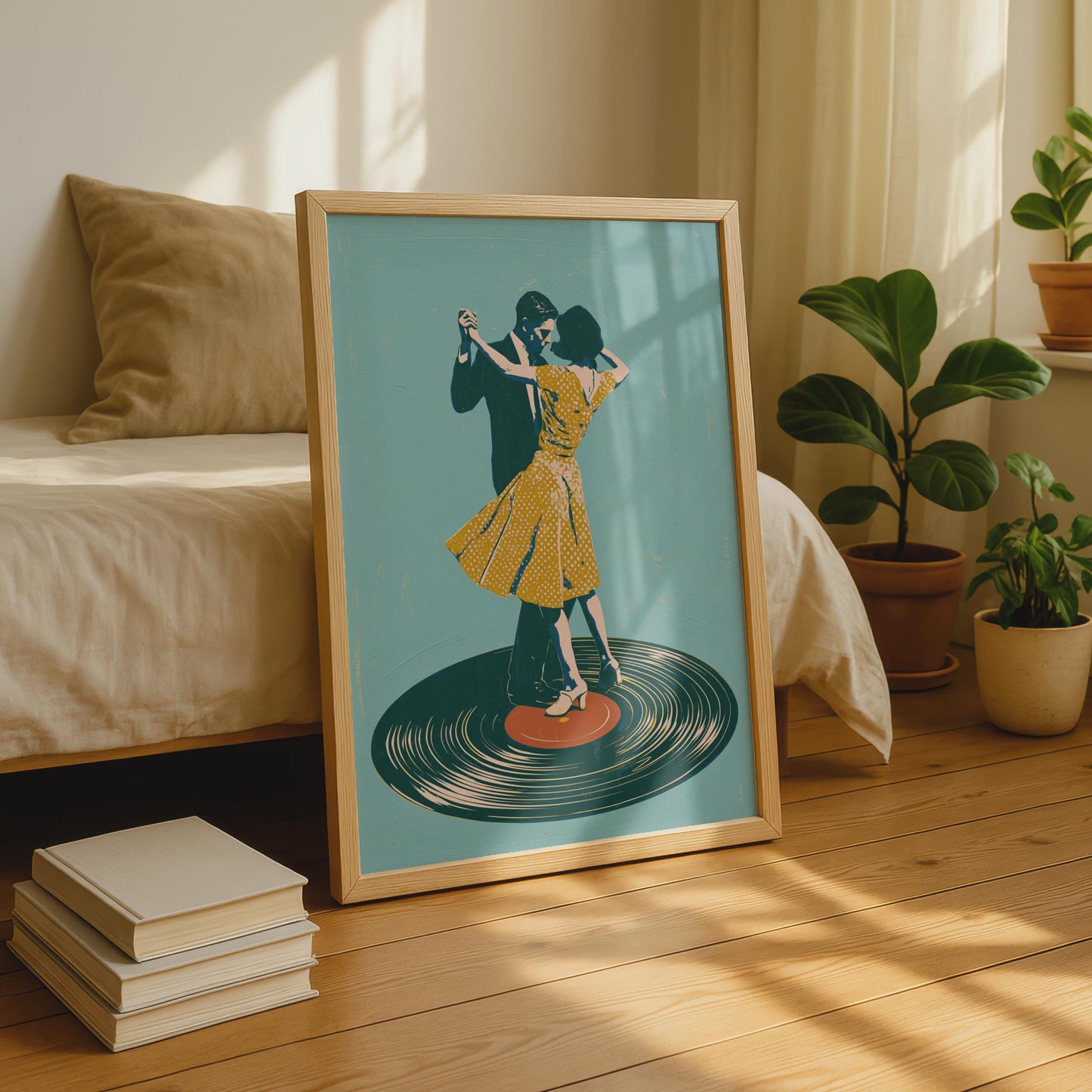Dancing Couple Vinyl Record Print, Retro Music Poster, 1950s Dance Wall Art, Teal