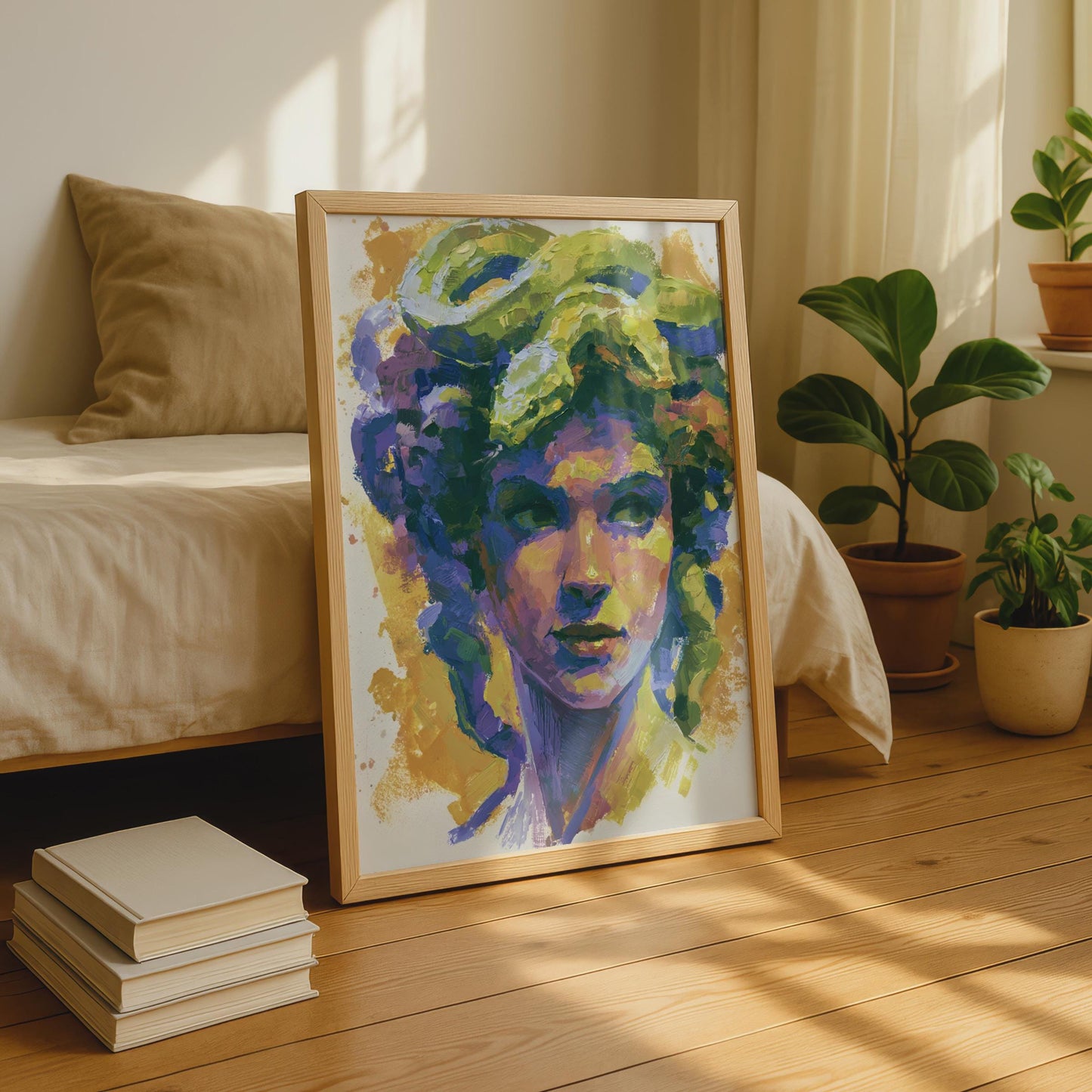 Medusa Greek Mythology Poster, Colourful Expressionist Portrait, Purple Green Wall Art