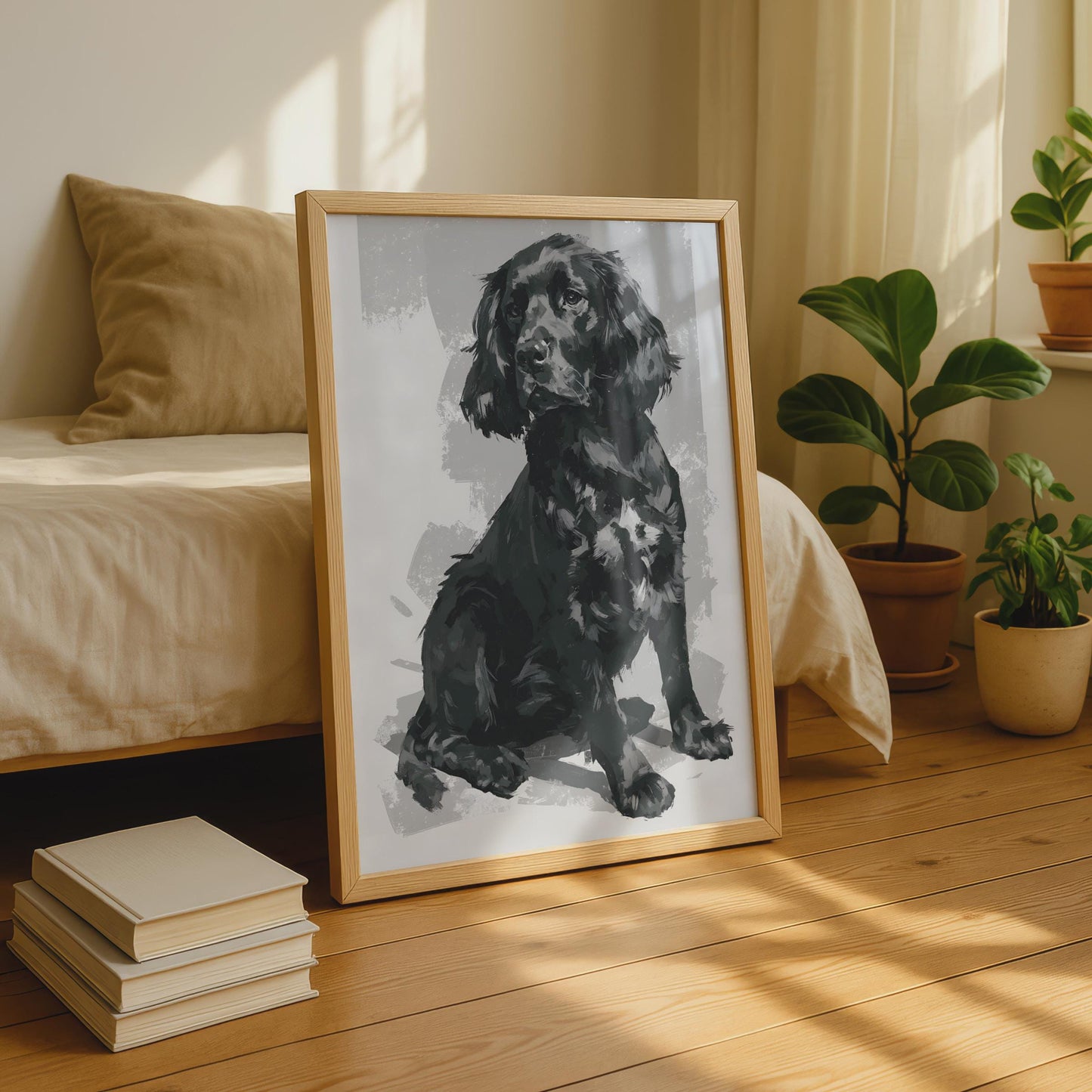 Black Spaniel Dog Art Print, Painted Portrait Poster, Grey Wall Decor, Dog Lover Gift