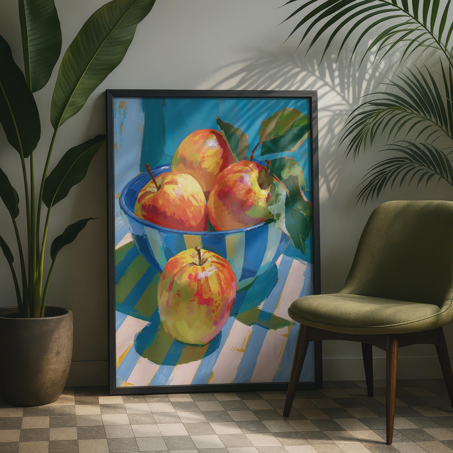 Bowl of Apples Still Life Print, Colourful Fruit Kitchen Wall Art, Blue Teal Poster