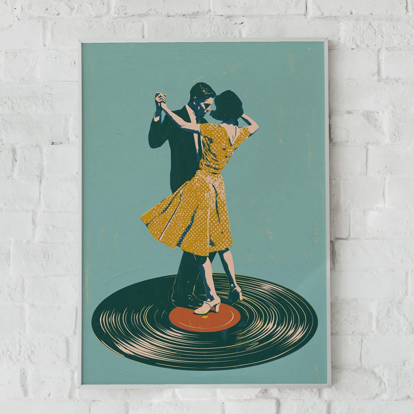 Dancing Couple Vinyl Record Print, Retro Music Poster, 1950s Dance Wall Art, Teal