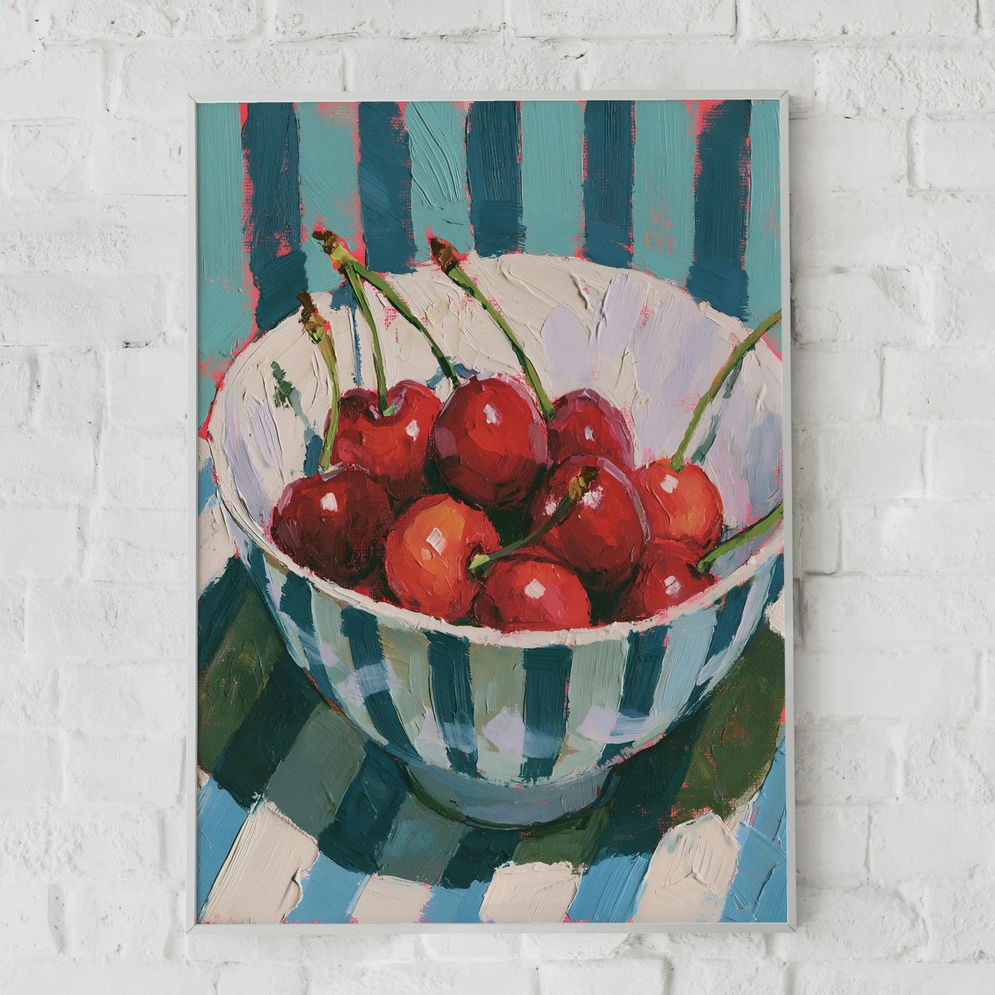 Bowl of Cherries Art Print, Still Life Fruit Poster, Teal Stripe Kitchen Wall Decor