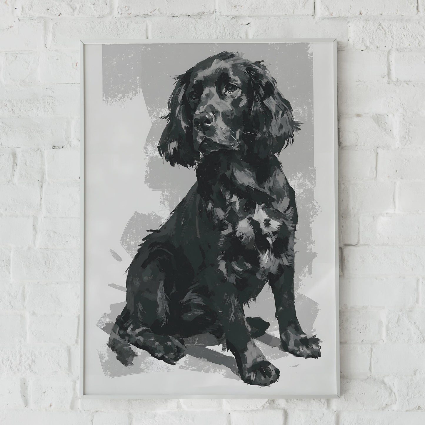 Black Spaniel Dog Art Print, Painted Portrait Poster, Grey Wall Decor, Dog Lover Gift