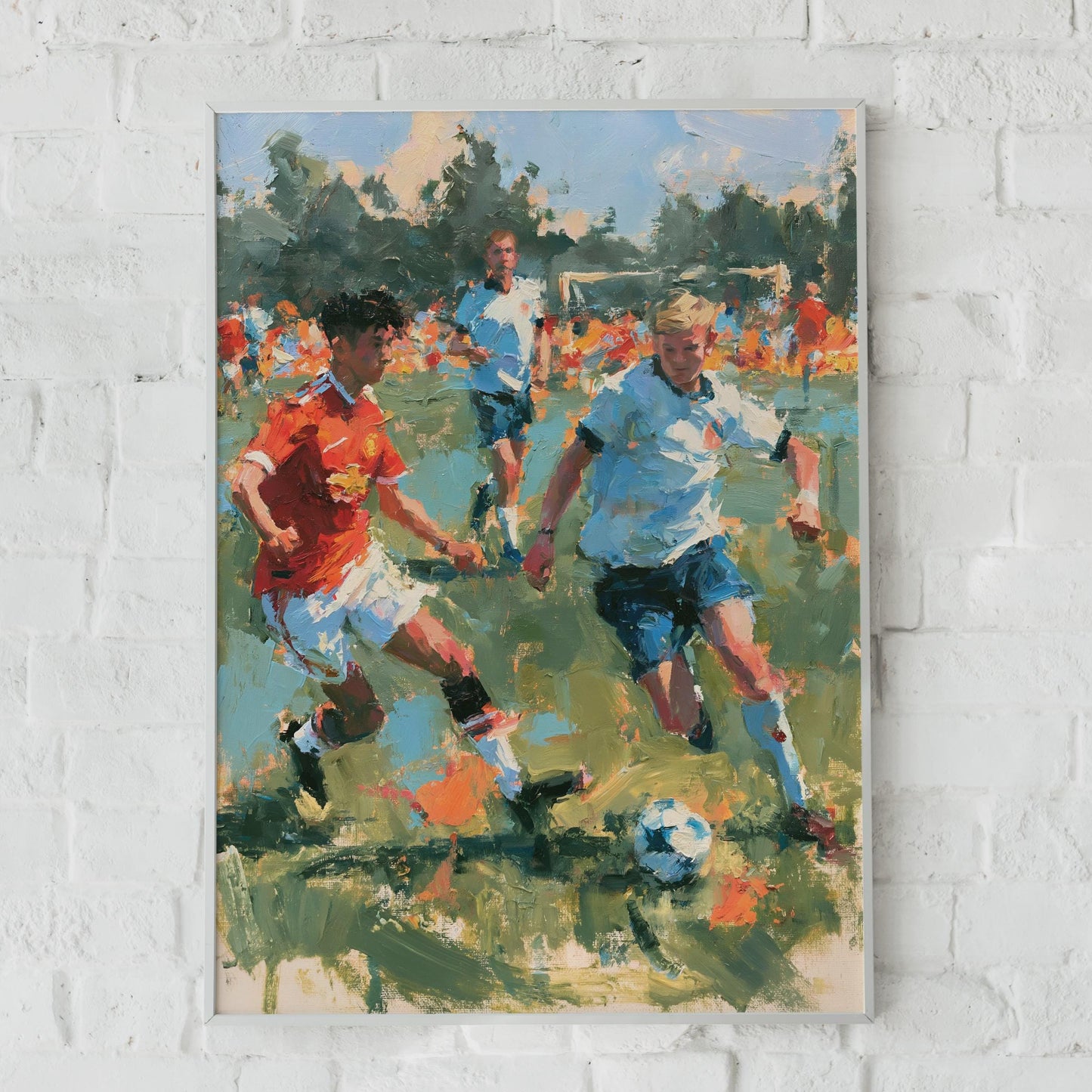 Football Match Art Print, Oil Painting Style Soccer Poster, Boys Playing Football Wall Art