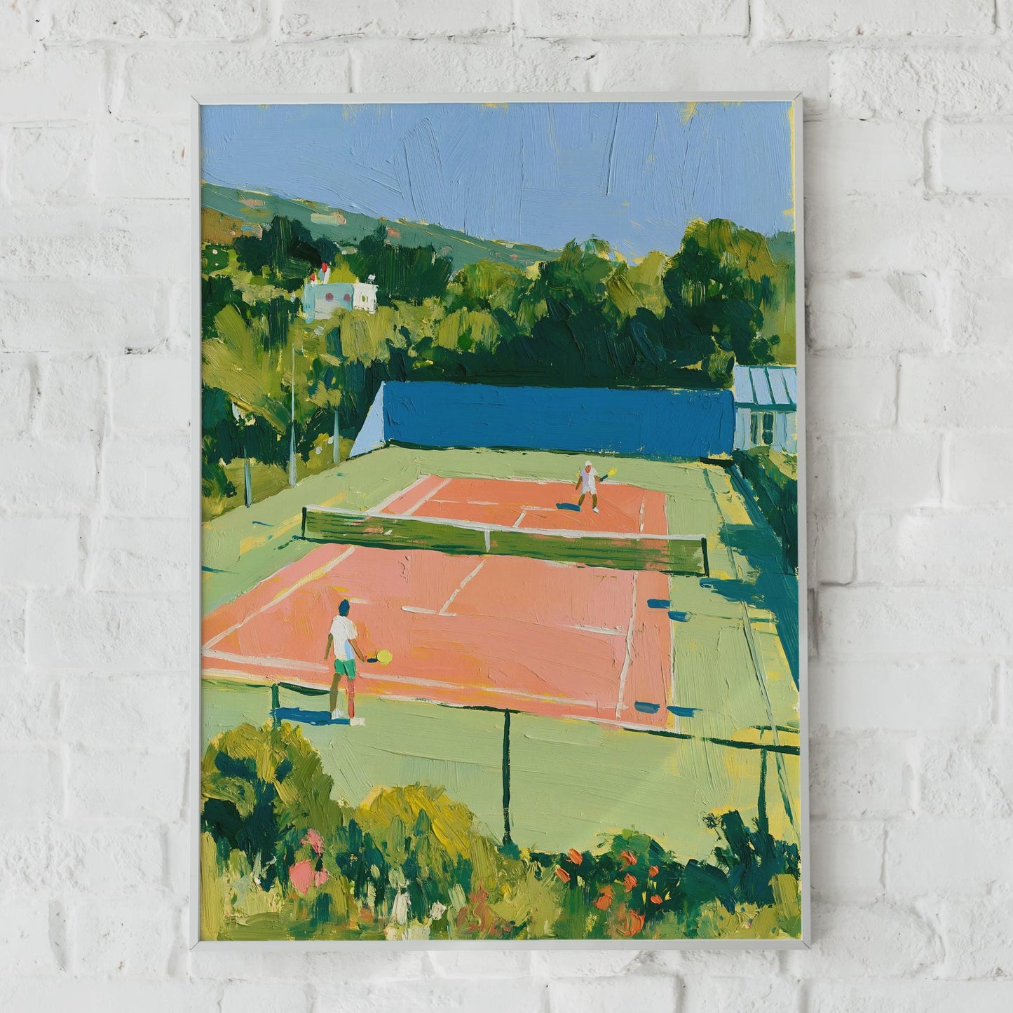 Tennis Court Art Print, Colourful Sports Poster, Oil Painting Style, Summer Wall Art