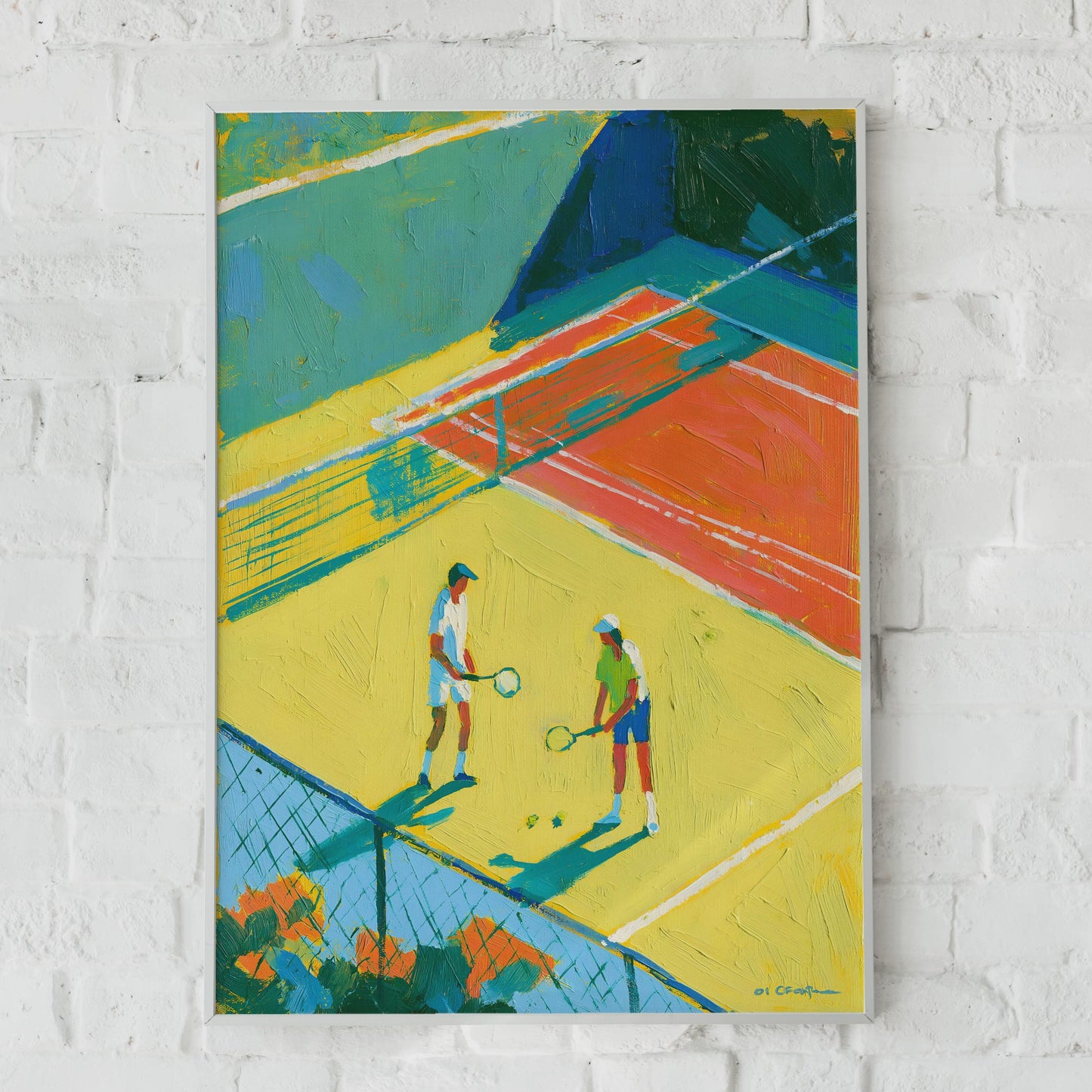 Tennis Court Art Print, Colourful Sport Poster, Bold Painterly Wall Art, Yellow Blue
