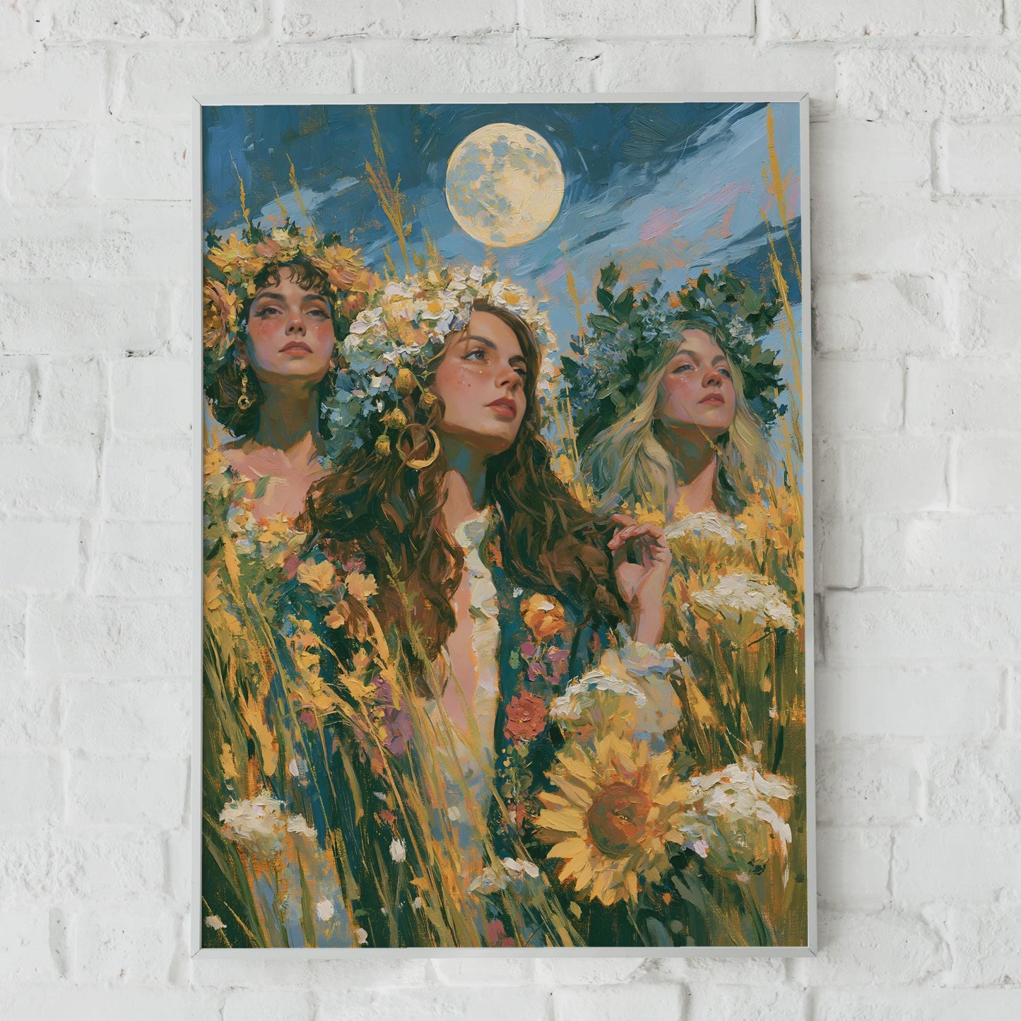 Three Goddesses Full Moon Print, Flower Crown Women, Botanical Celestial Wall Art Poster