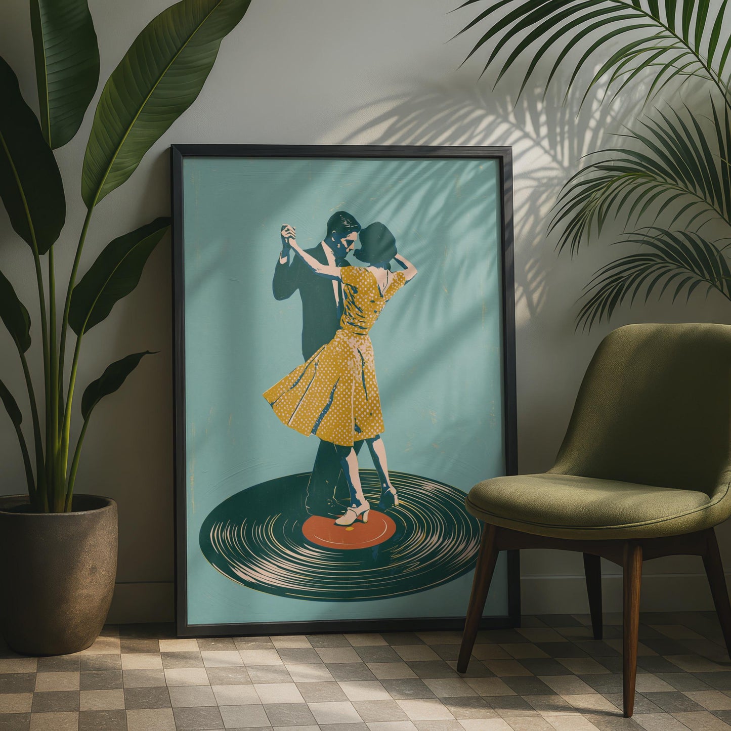 Dancing Couple Vinyl Record Print, Retro Music Poster, 1950s Dance Wall Art, Teal