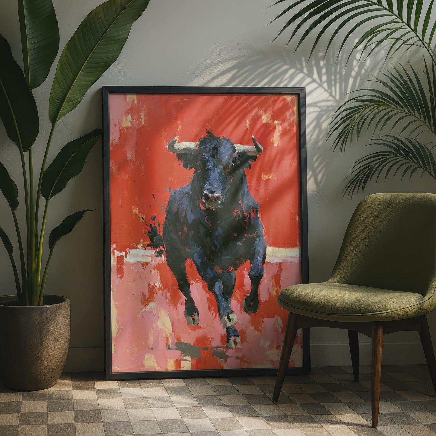 Black Bull Art Print, Red Abstract Animal Poster, Bold Expressionist Wall Art