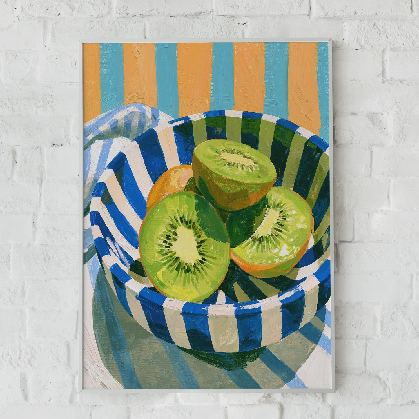 Kiwi Fruit Bowl Print, Still Life Kitchen Wall Art, Colourful Striped Poster