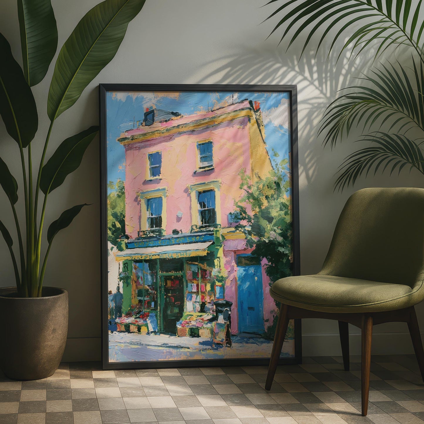 Bookshop Art Print, Colourful Street Scene Poster, Impasto Style Wall Art, Pink Building