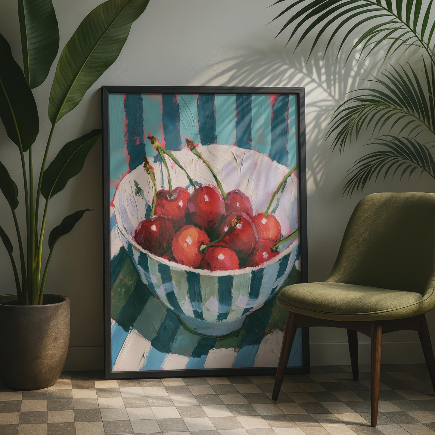Bowl of Cherries Art Print, Still Life Fruit Poster, Teal Stripe Kitchen Wall Decor