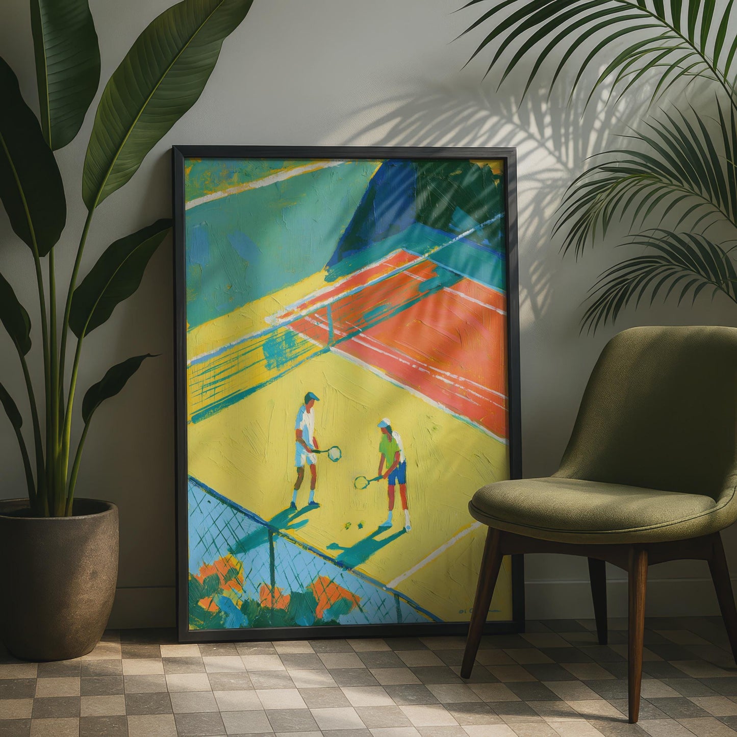 Tennis Court Art Print, Colourful Sport Poster, Bold Painterly Wall Art, Yellow Blue