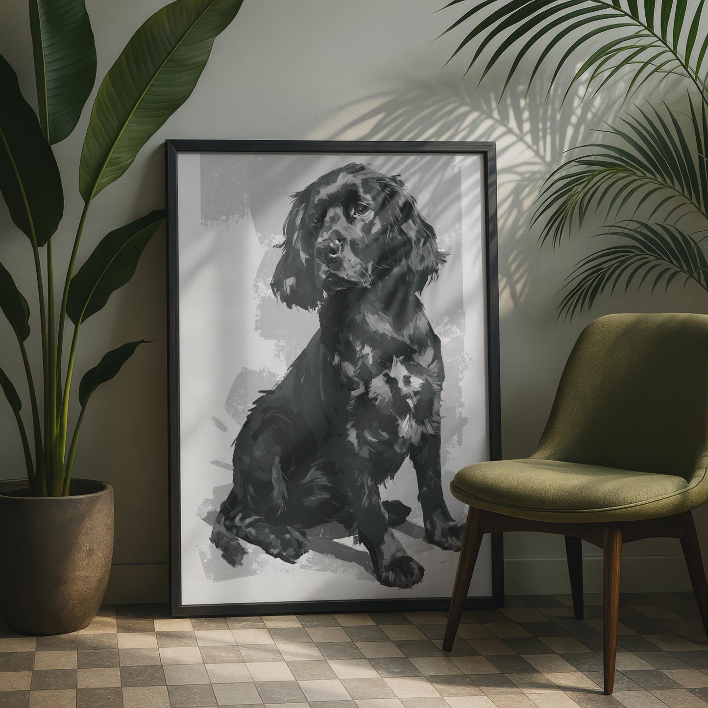 Black Spaniel Dog Art Print, Painted Portrait Poster, Grey Wall Decor, Dog Lover Gift
