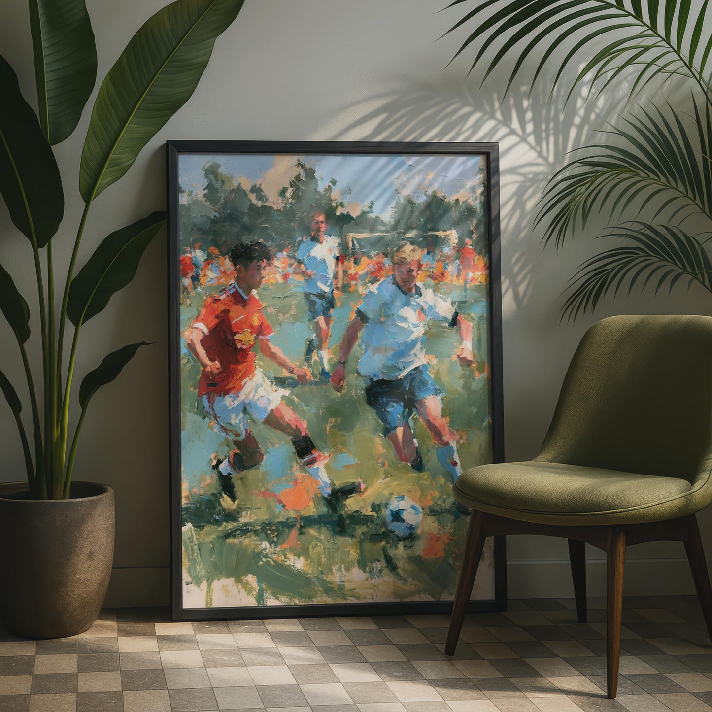 Football Match Art Print, Oil Painting Style Soccer Poster, Boys Playing Football Wall Art