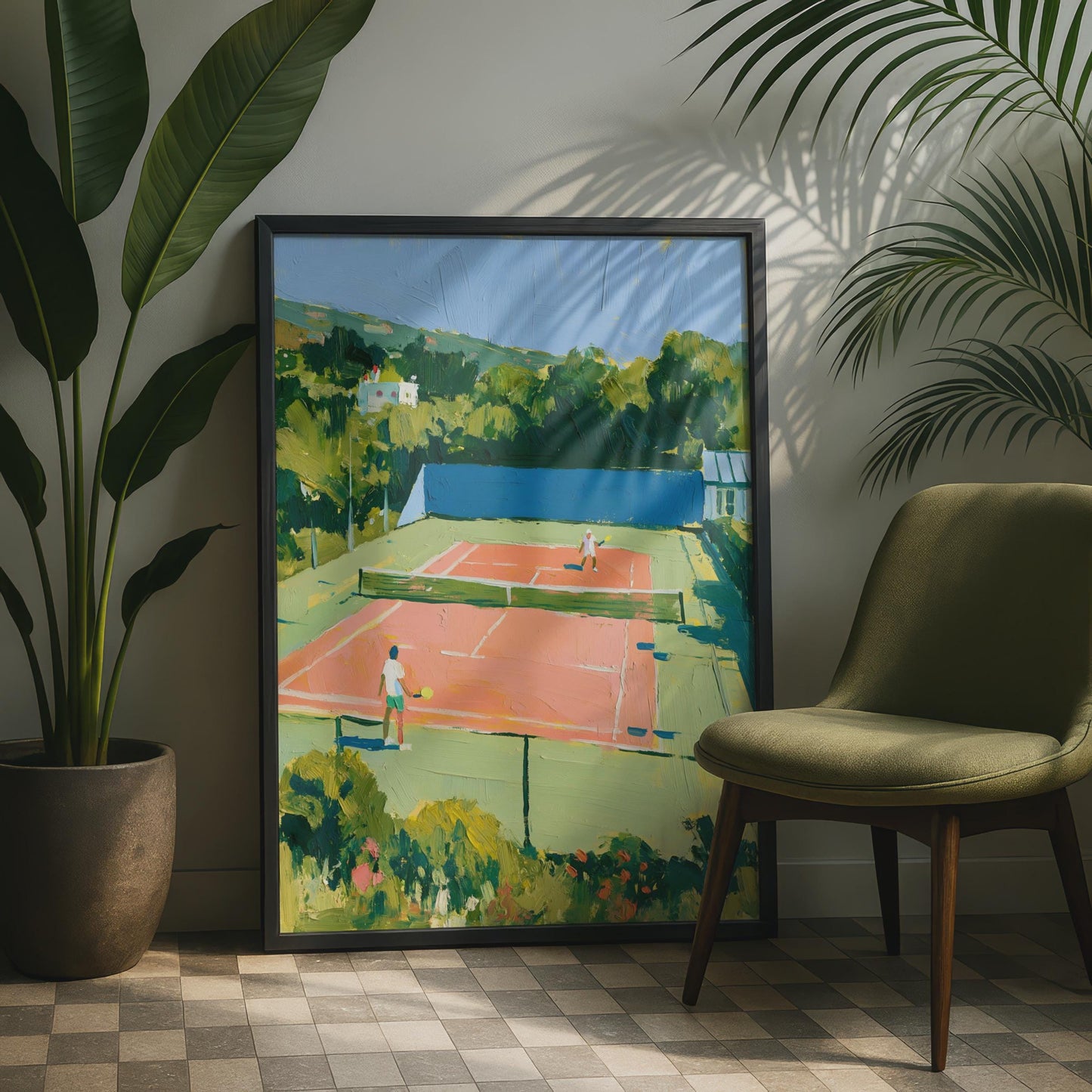 Tennis Court Art Print, Colourful Sports Poster, Oil Painting Style, Summer Wall Art