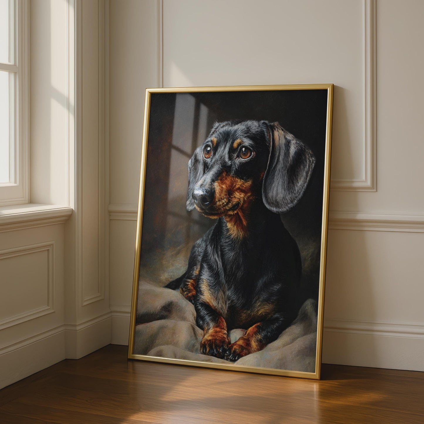 Dachshund Portrait Print, Black Tan Sausage Dog Wall Art, Classic Oil Painting Style