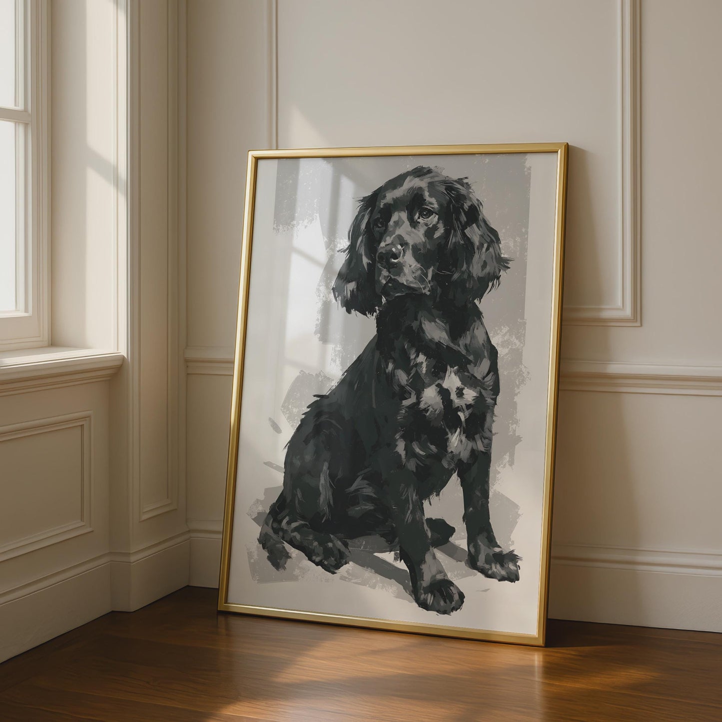 Black Spaniel Dog Art Print, Painted Portrait Poster, Grey Wall Decor, Dog Lover Gift