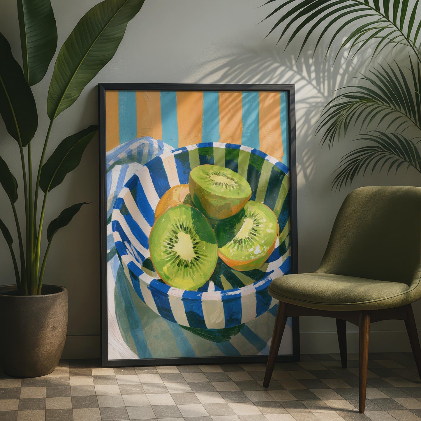 Kiwi Fruit Bowl Print, Still Life Kitchen Wall Art, Colourful Striped Poster