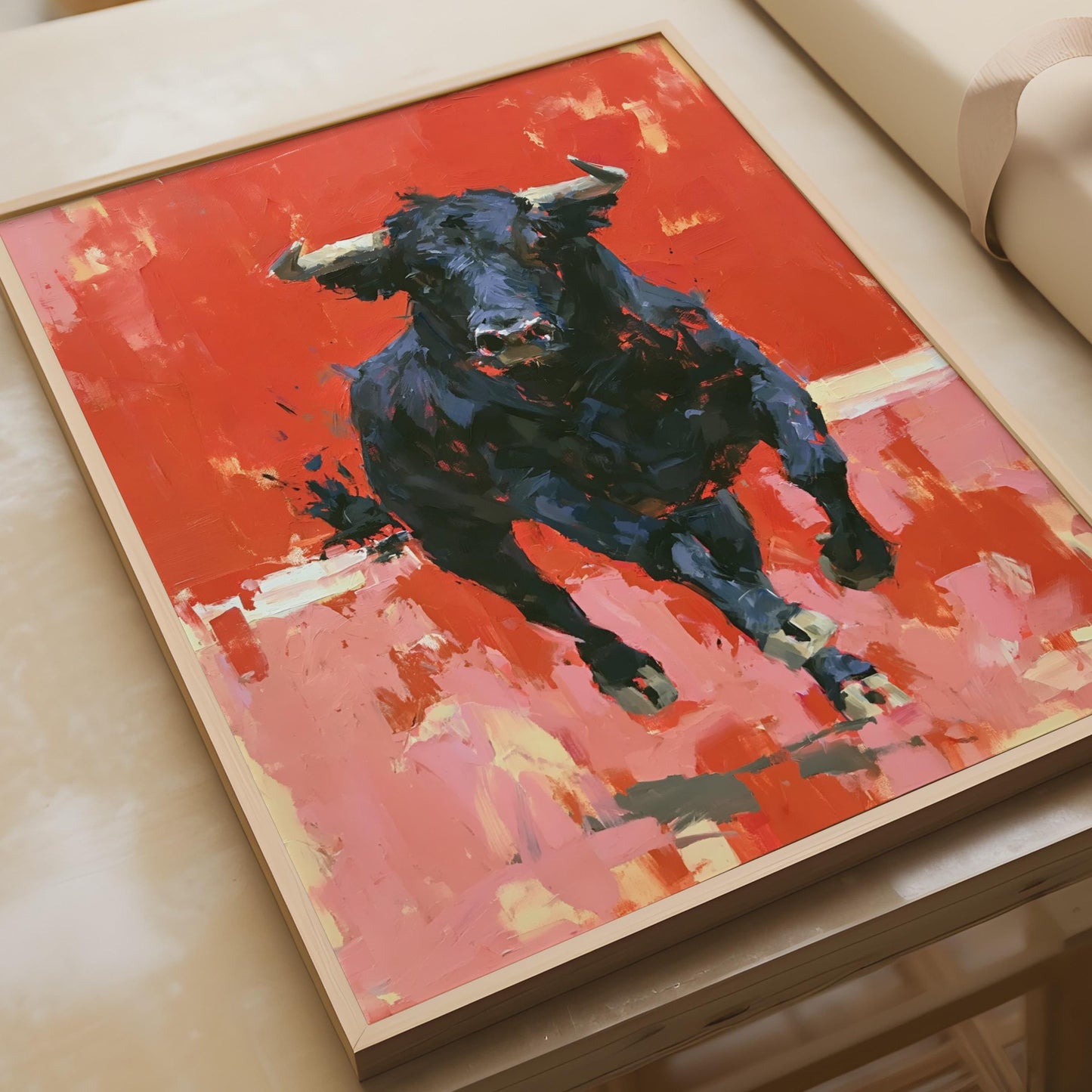 Black Bull Art Print, Red Abstract Animal Poster, Bold Expressionist Wall Art