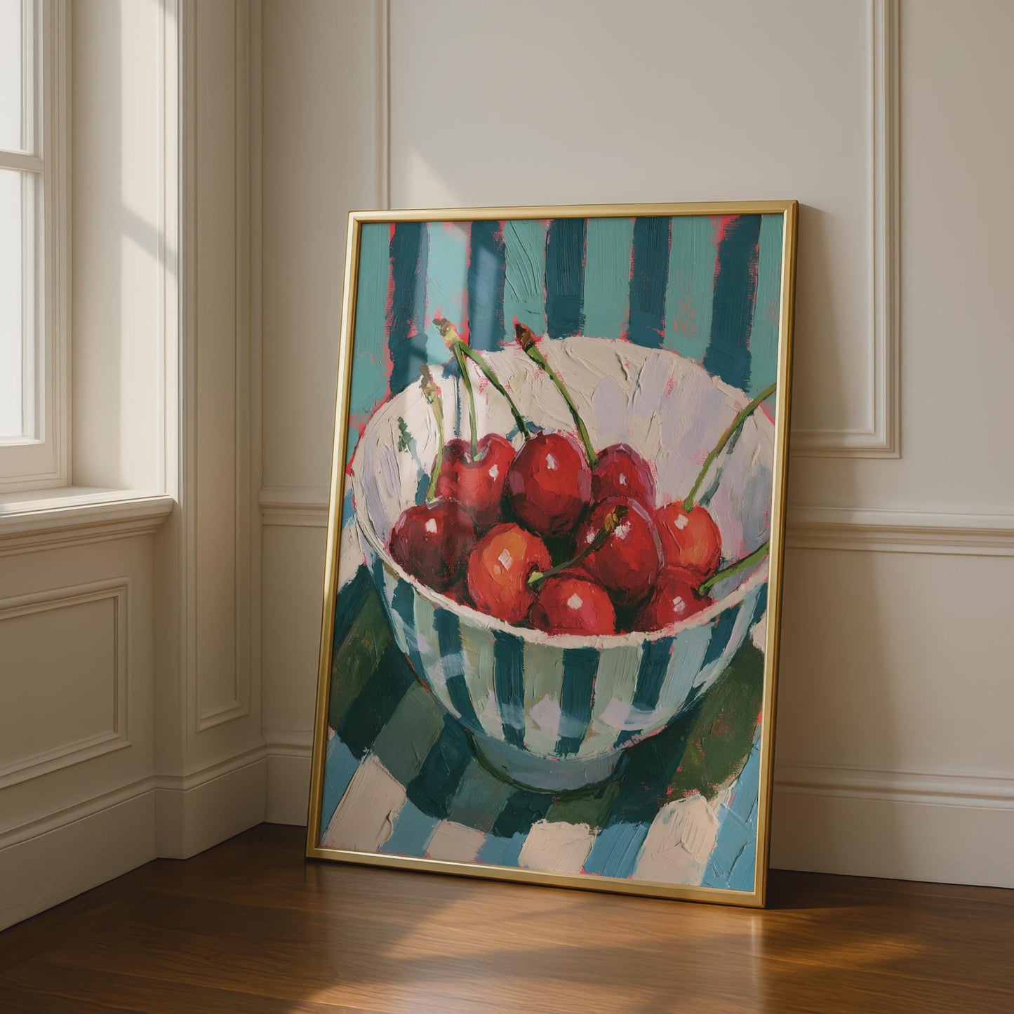 Bowl of Cherries Art Print, Still Life Fruit Poster, Teal Stripe Kitchen Wall Decor