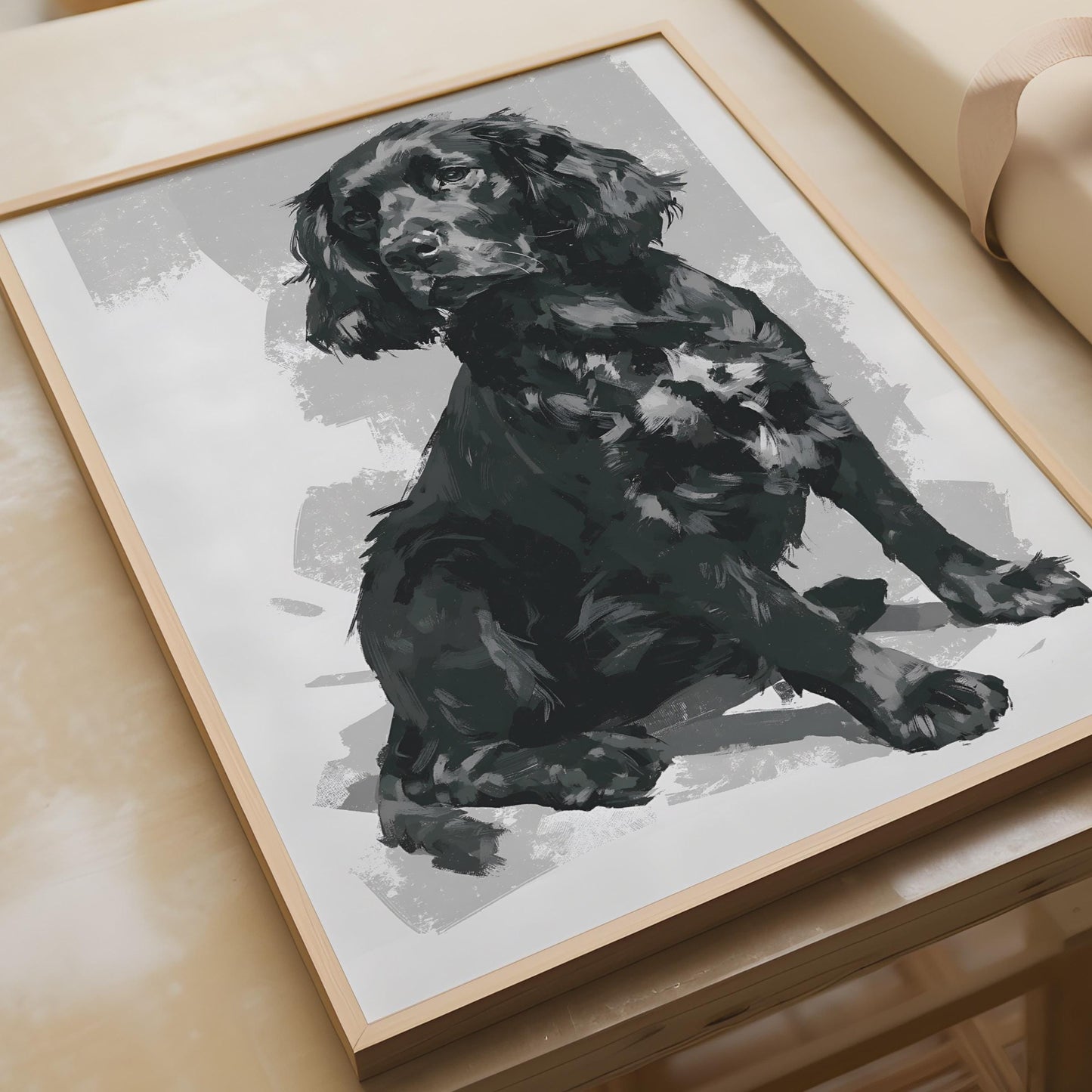 Black Spaniel Dog Art Print, Painted Portrait Poster, Grey Wall Decor, Dog Lover Gift
