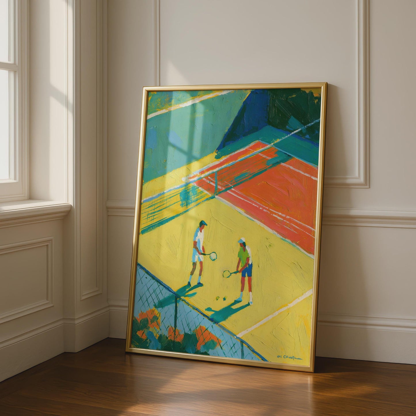 Tennis Court Art Print, Colourful Sport Poster, Bold Painterly Wall Art, Yellow Blue