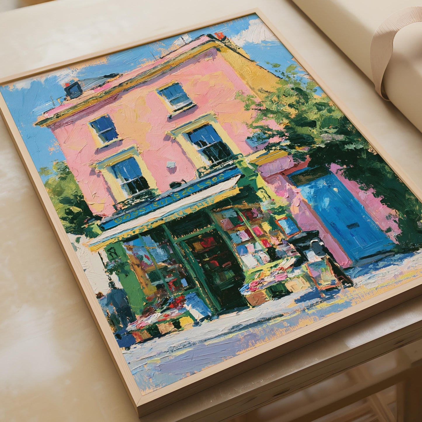 Bookshop Art Print, Colourful Street Scene Poster, Impasto Style Wall Art, Pink Building