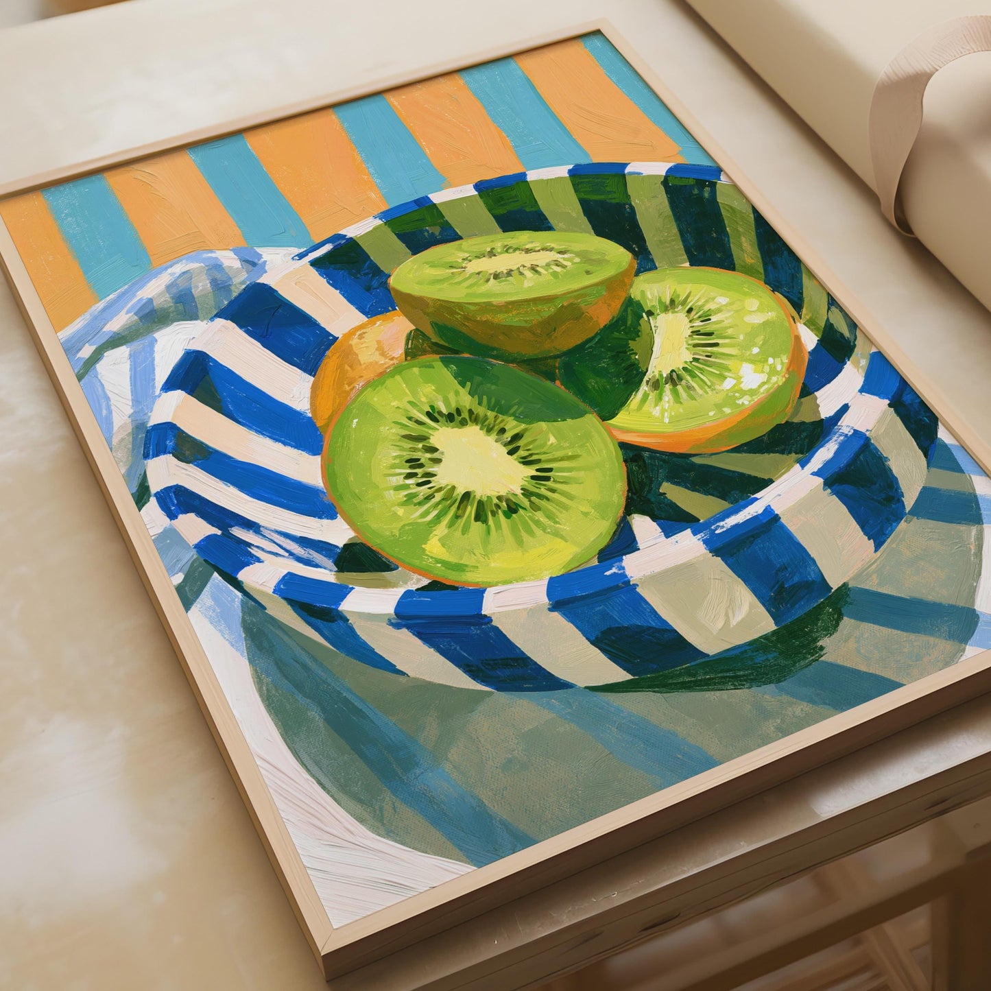 Kiwi Fruit Bowl Print, Still Life Kitchen Wall Art, Colourful Striped Poster