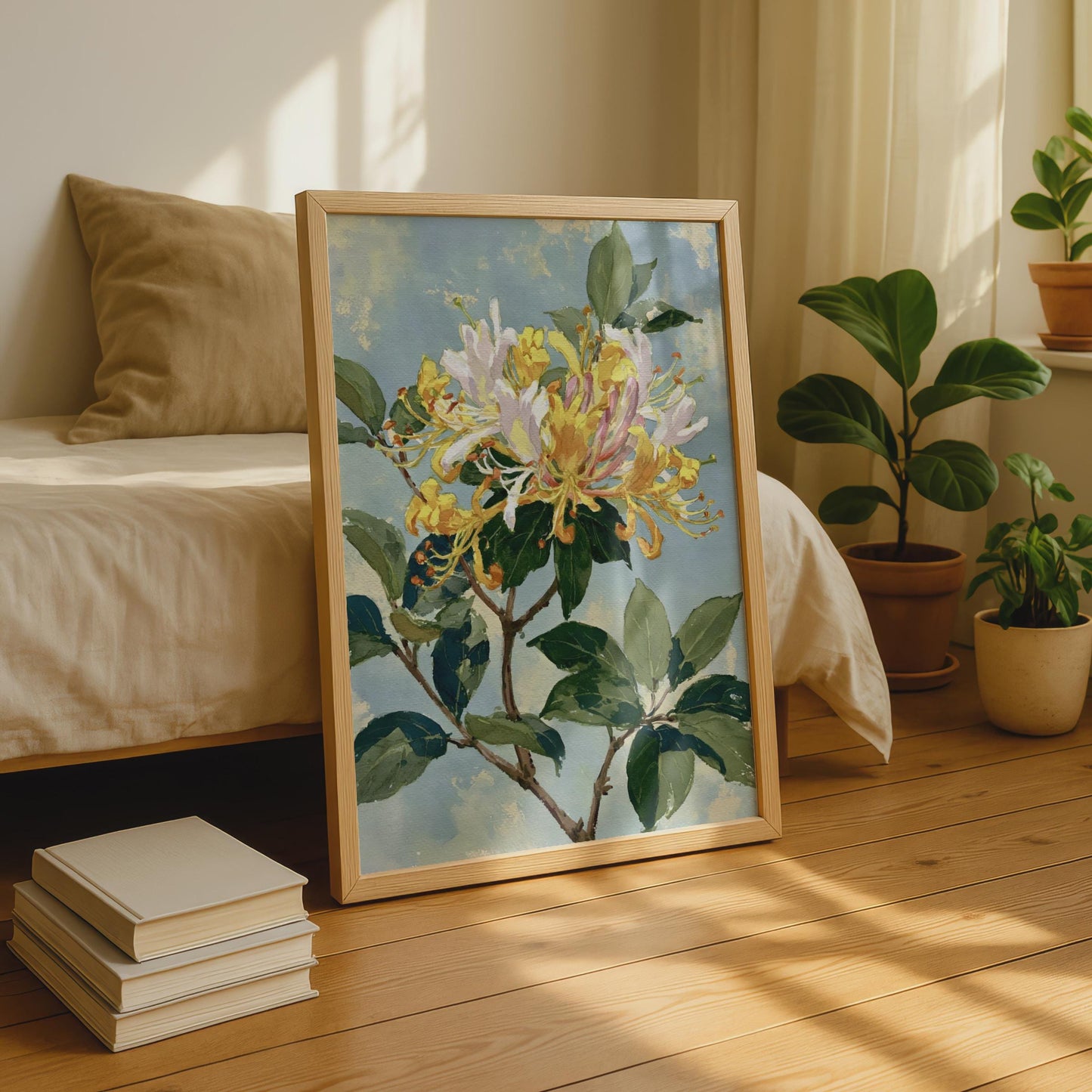 Honeysuckle Botanical Print, Yellow Floral Wall Art, Vintage Style Flower Poster