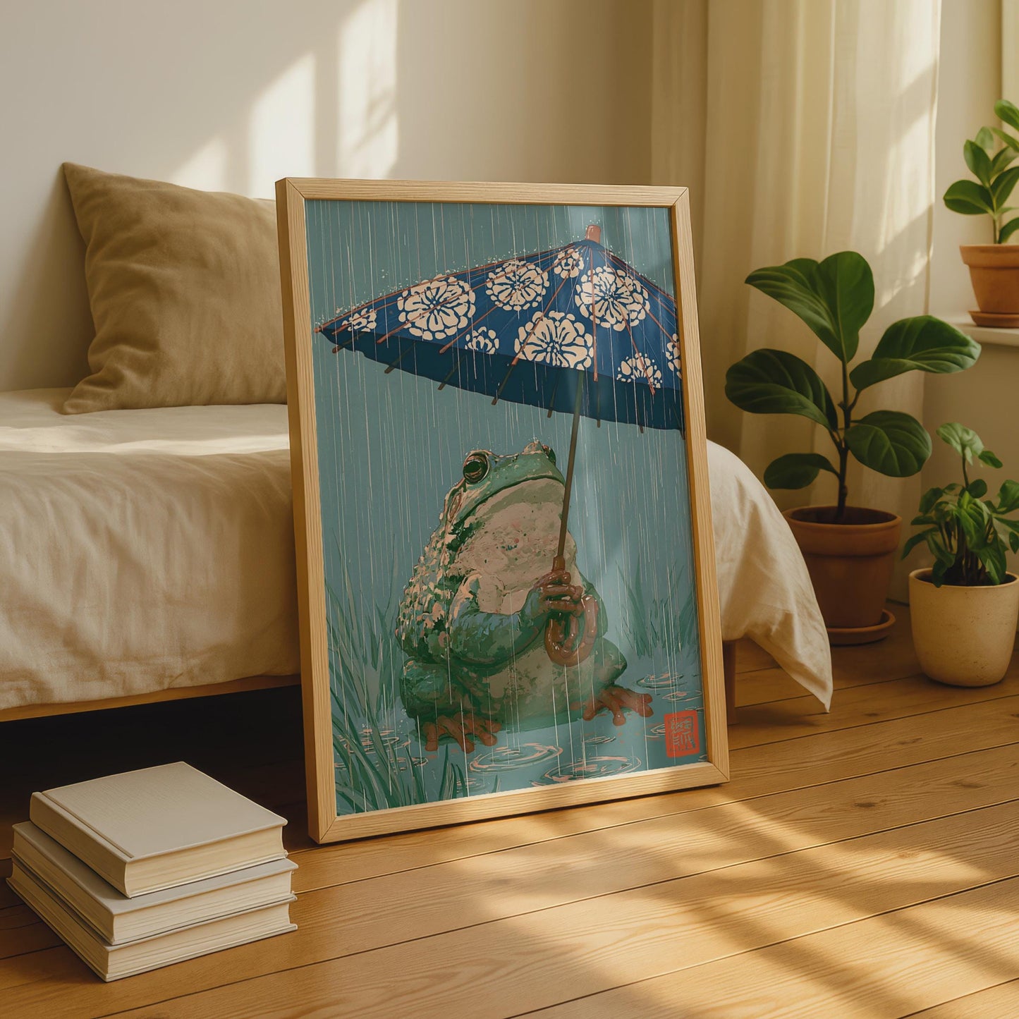 Frog With Umbrella Print, Japanese Woodblock Style, Frog Wall Art, Rain Poster