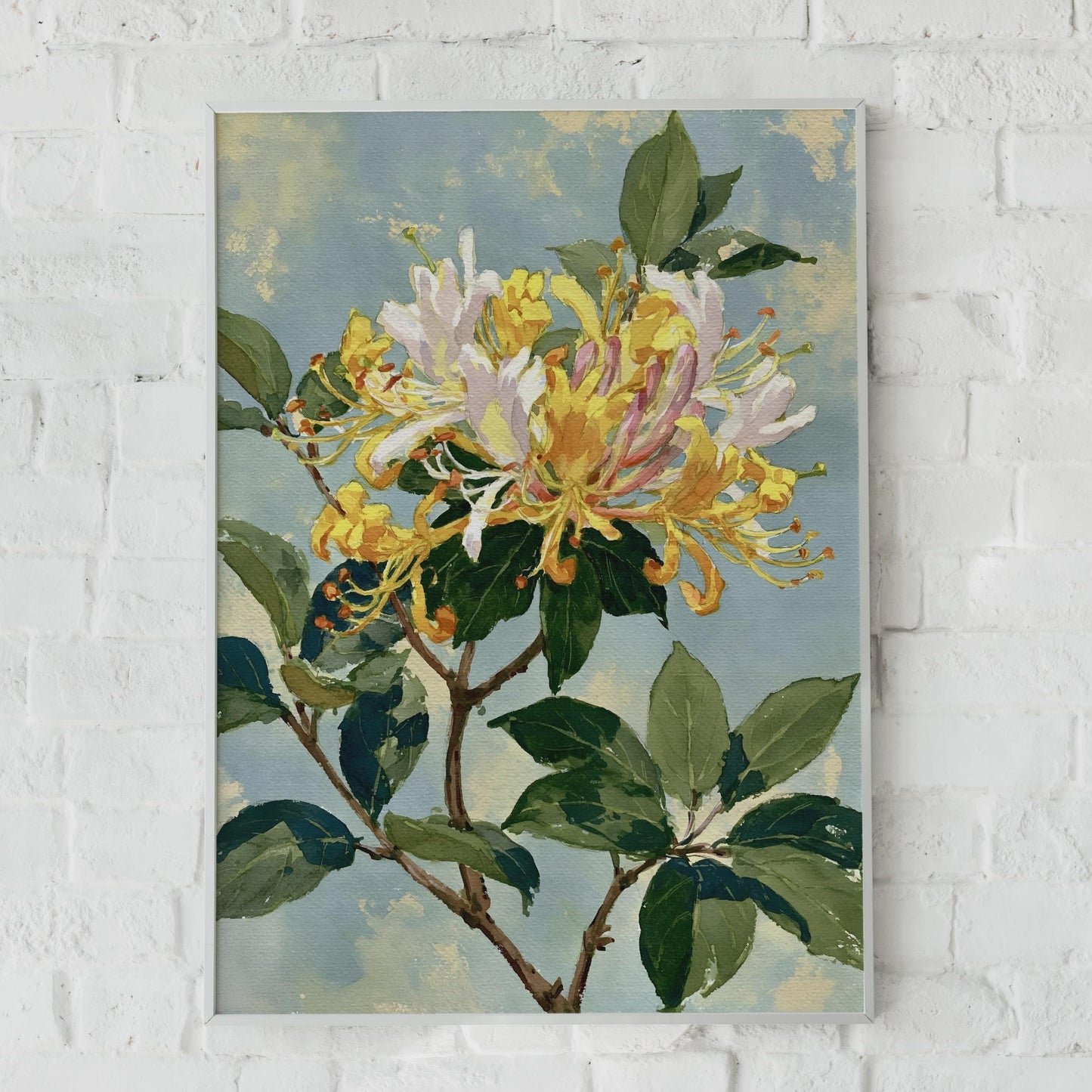 Honeysuckle Botanical Print, Yellow Floral Wall Art, Vintage Style Flower Poster