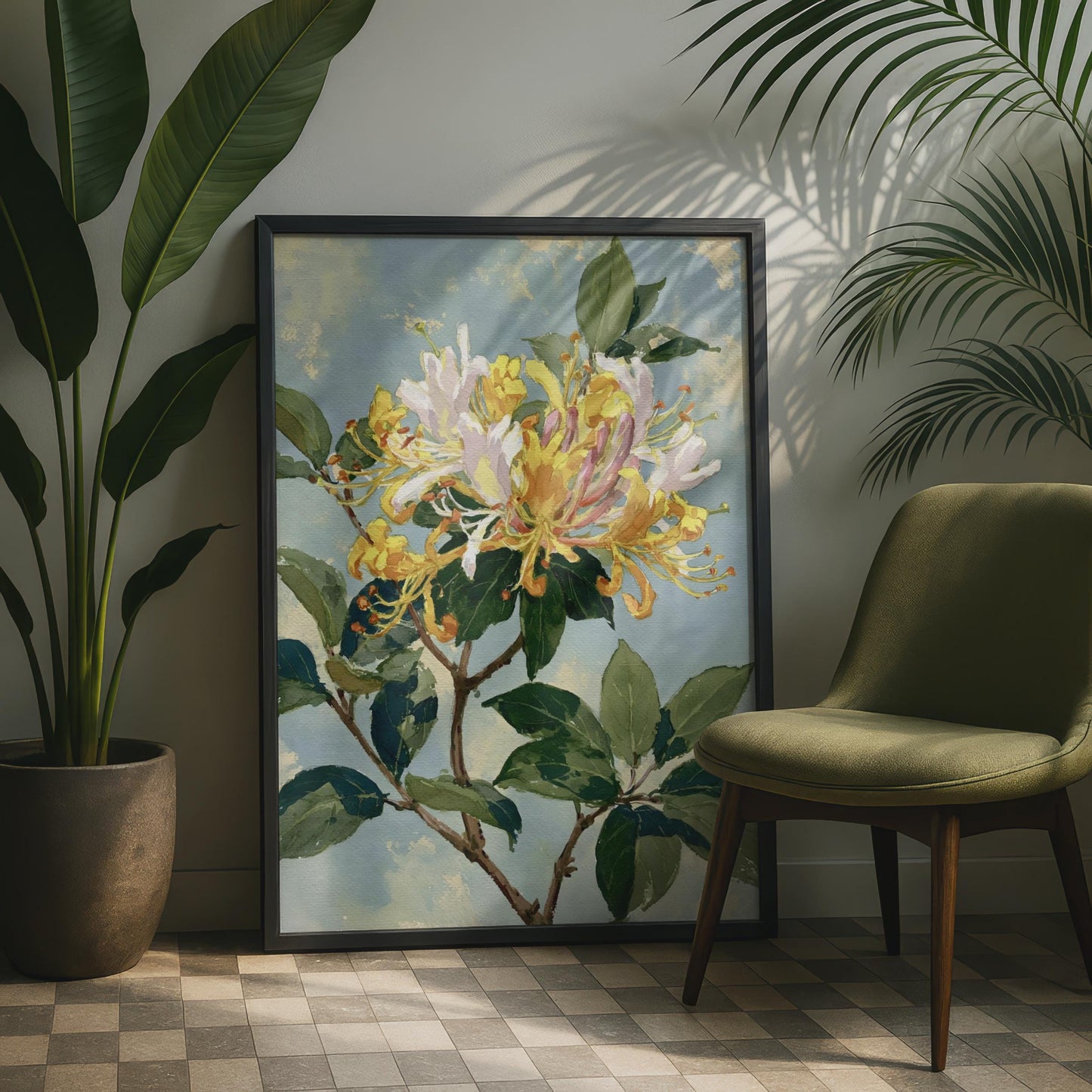 Honeysuckle Botanical Print, Yellow Floral Wall Art, Vintage Style Flower Poster