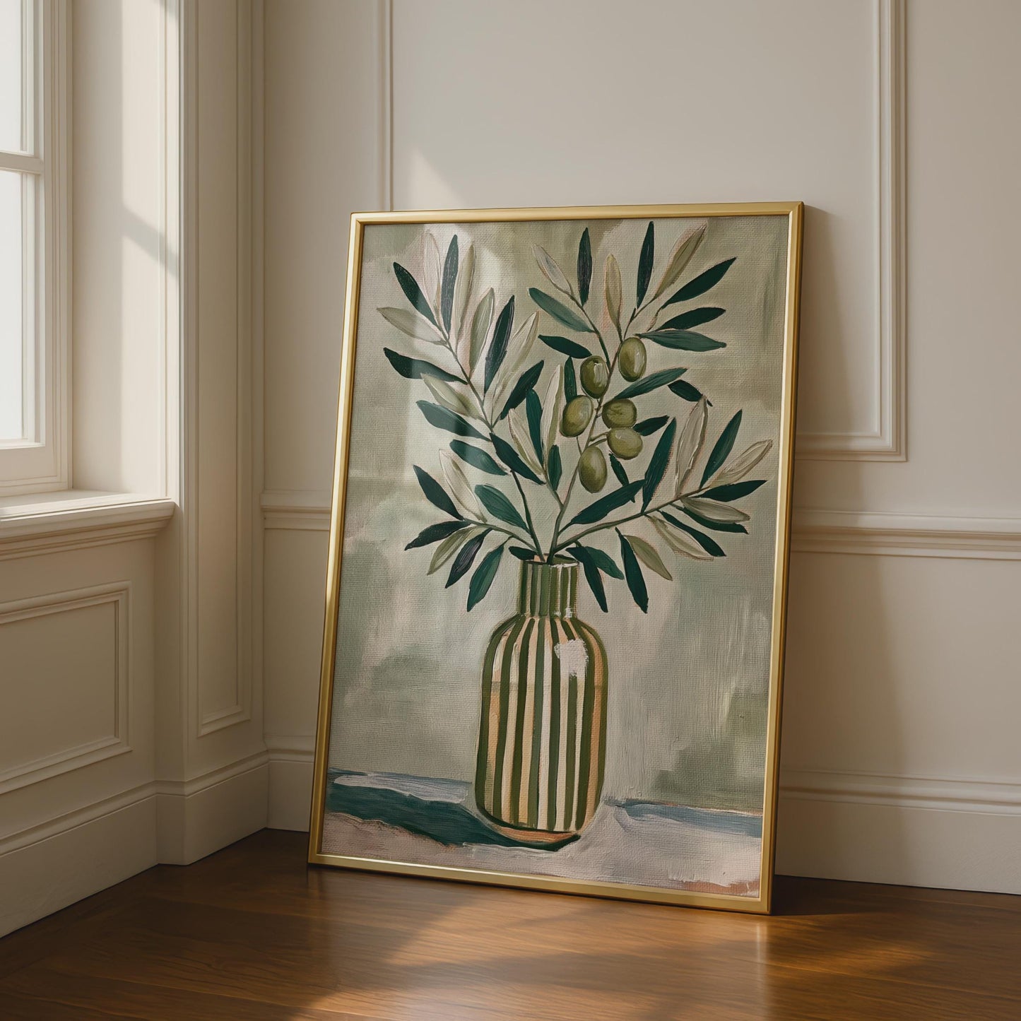 Olive Branch in Vase Print, Botanical Still Life Poster, Sage Green Wall Art, Kitchen Decor