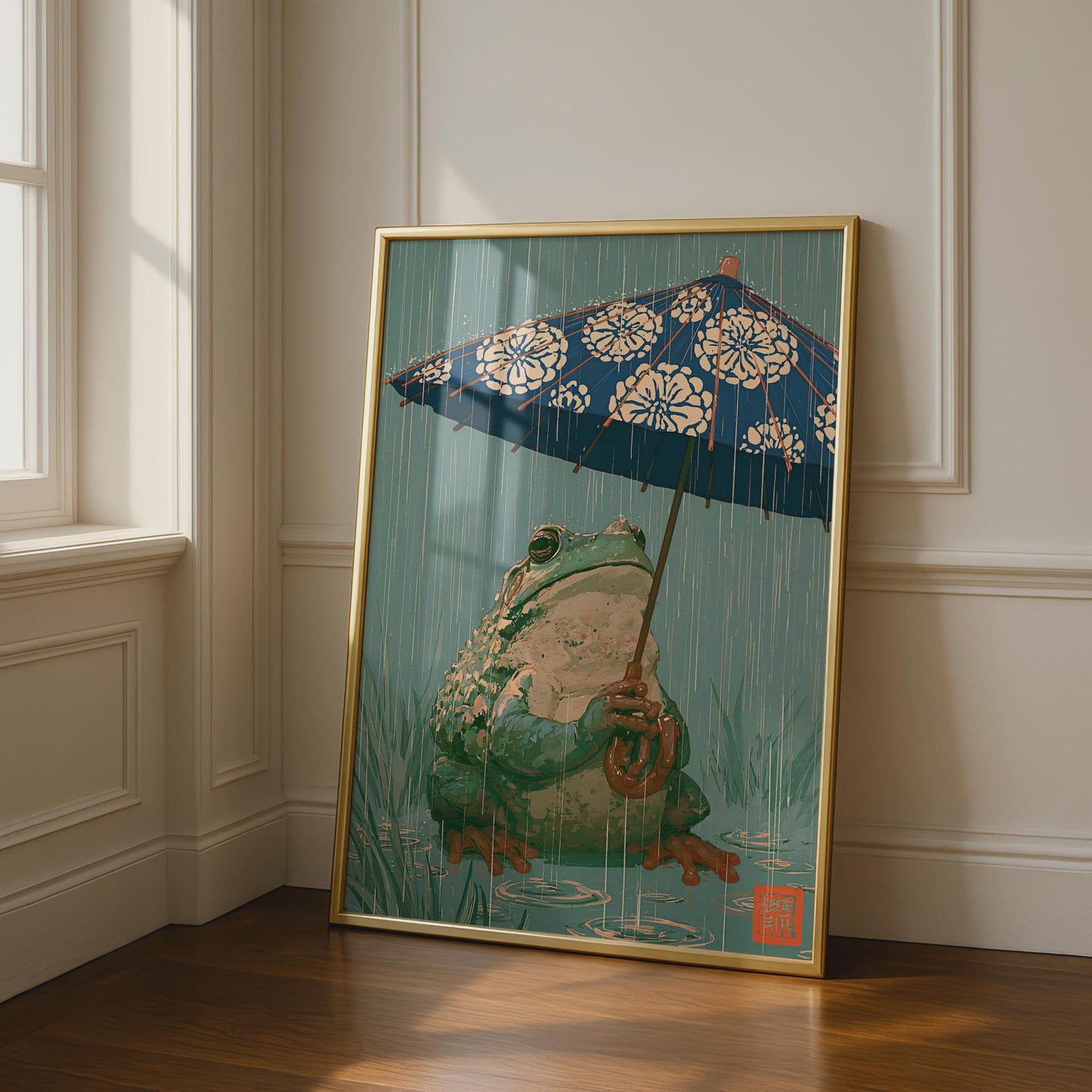 Frog With Umbrella Print, Japanese Woodblock Style, Frog Wall Art, Rain Poster
