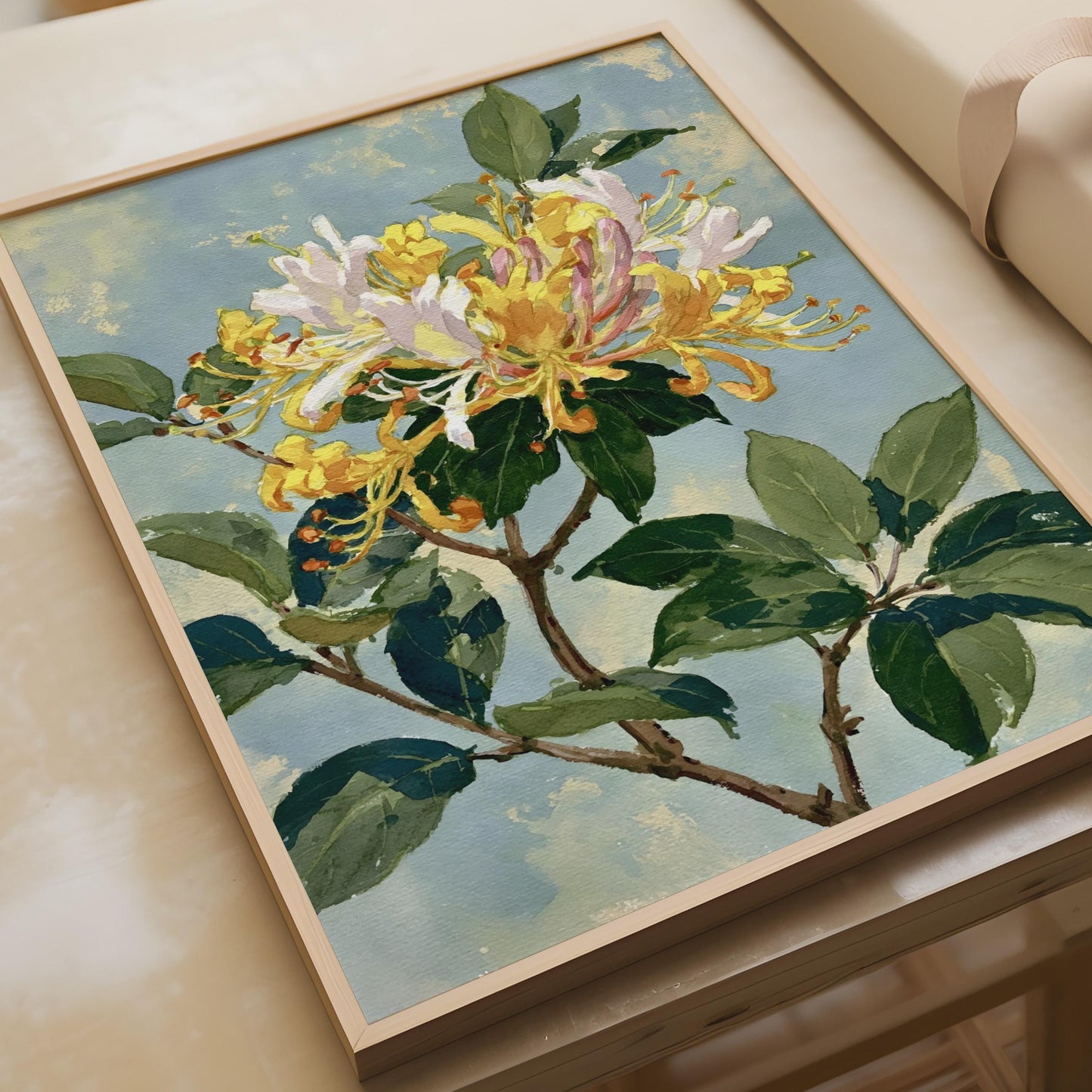 Honeysuckle Botanical Print, Yellow Floral Wall Art, Vintage Style Flower Poster