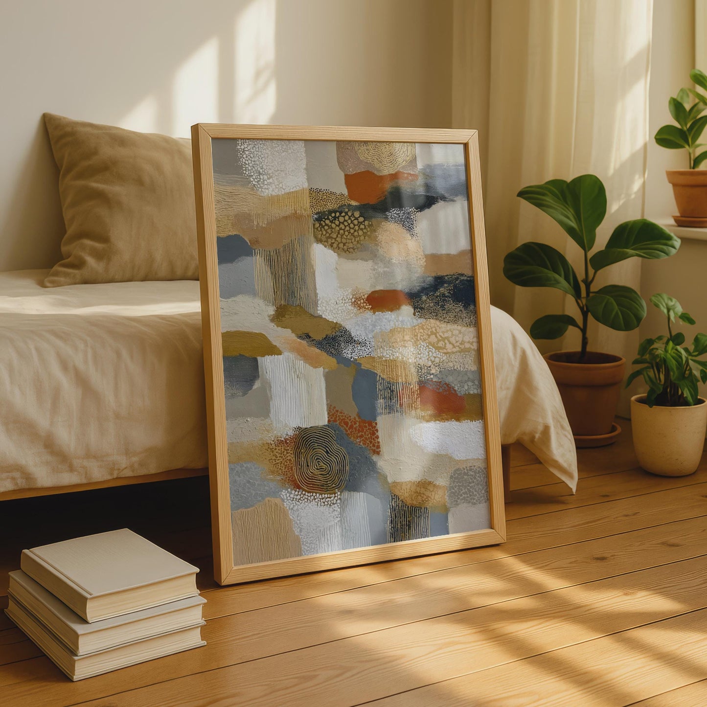 Beige Abstract Art Print, Terracotta Gold Navy Textured Wall Art, Earthy Tones Poster