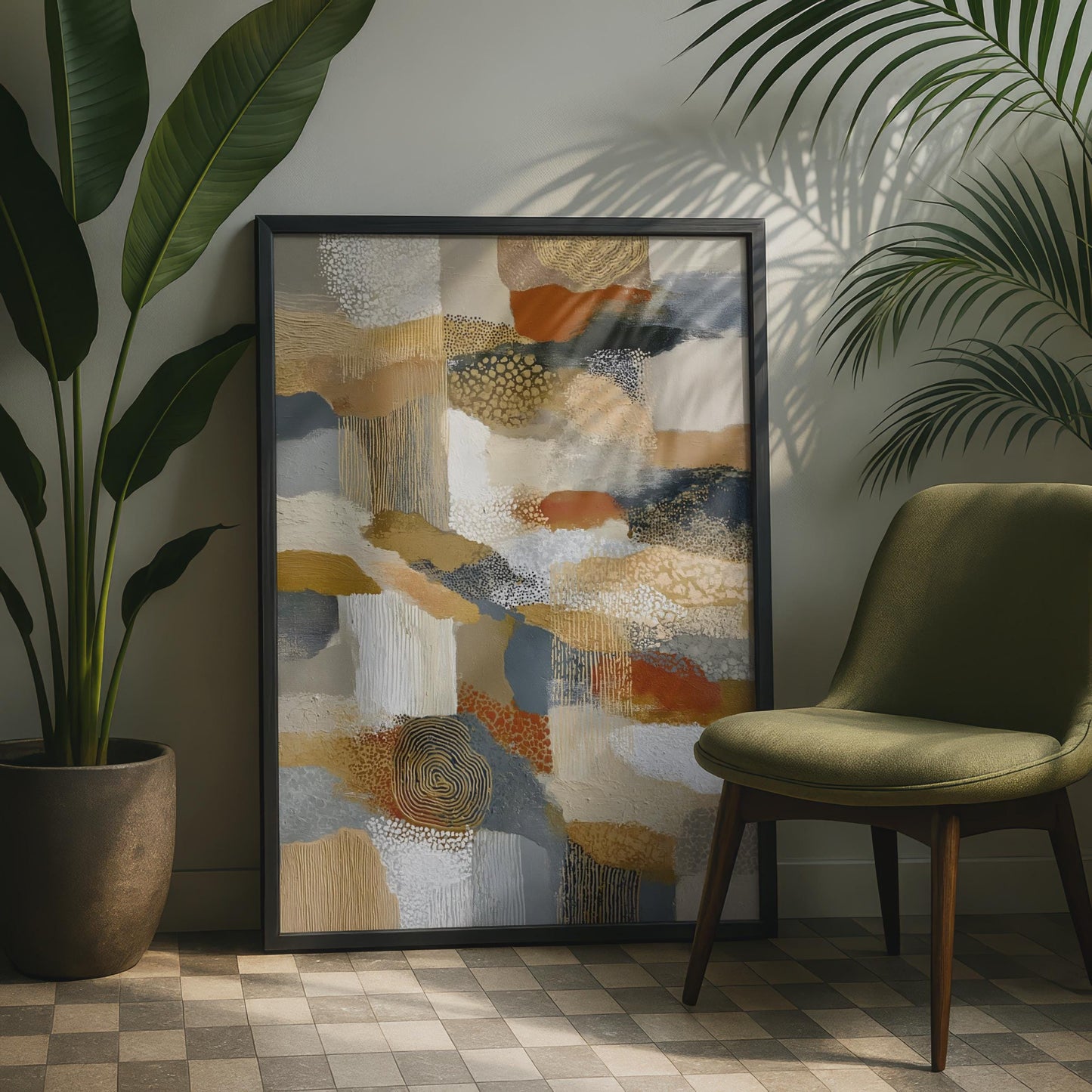 Beige Abstract Art Print, Terracotta Gold Navy Textured Wall Art, Earthy Tones Poster