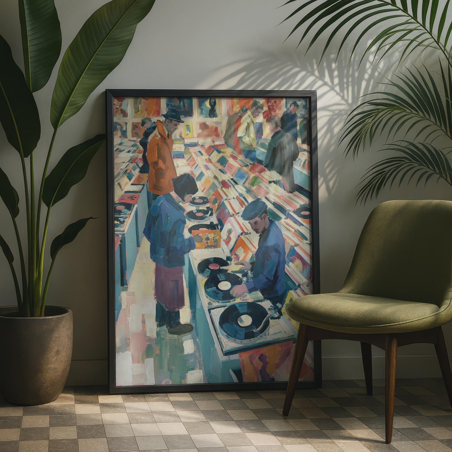 Record Shop Art Print, Vinyl Records Store Poster, Retro Music Wall Art, 1960s Scene
