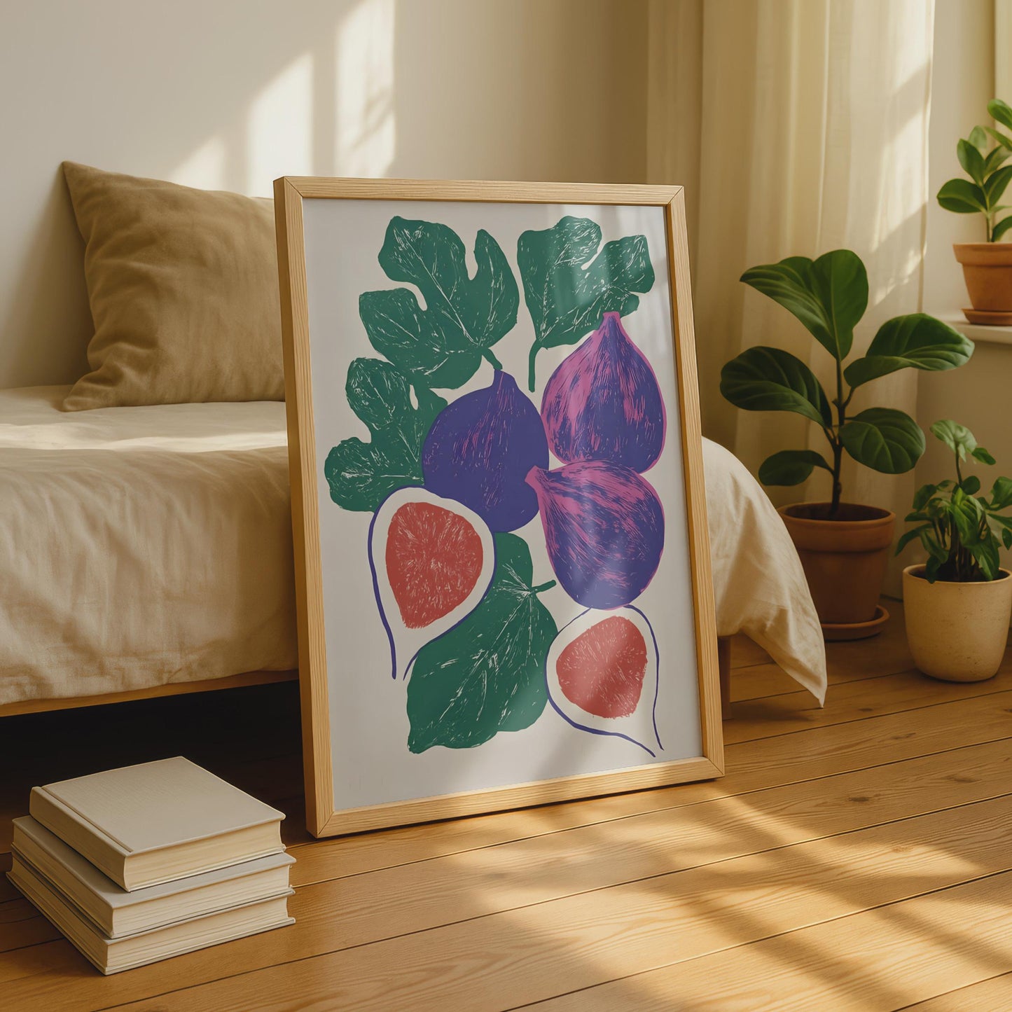 Fig Fruit Poster, Linocut Style Wall Art Print, Purple Green Kitchen Decor